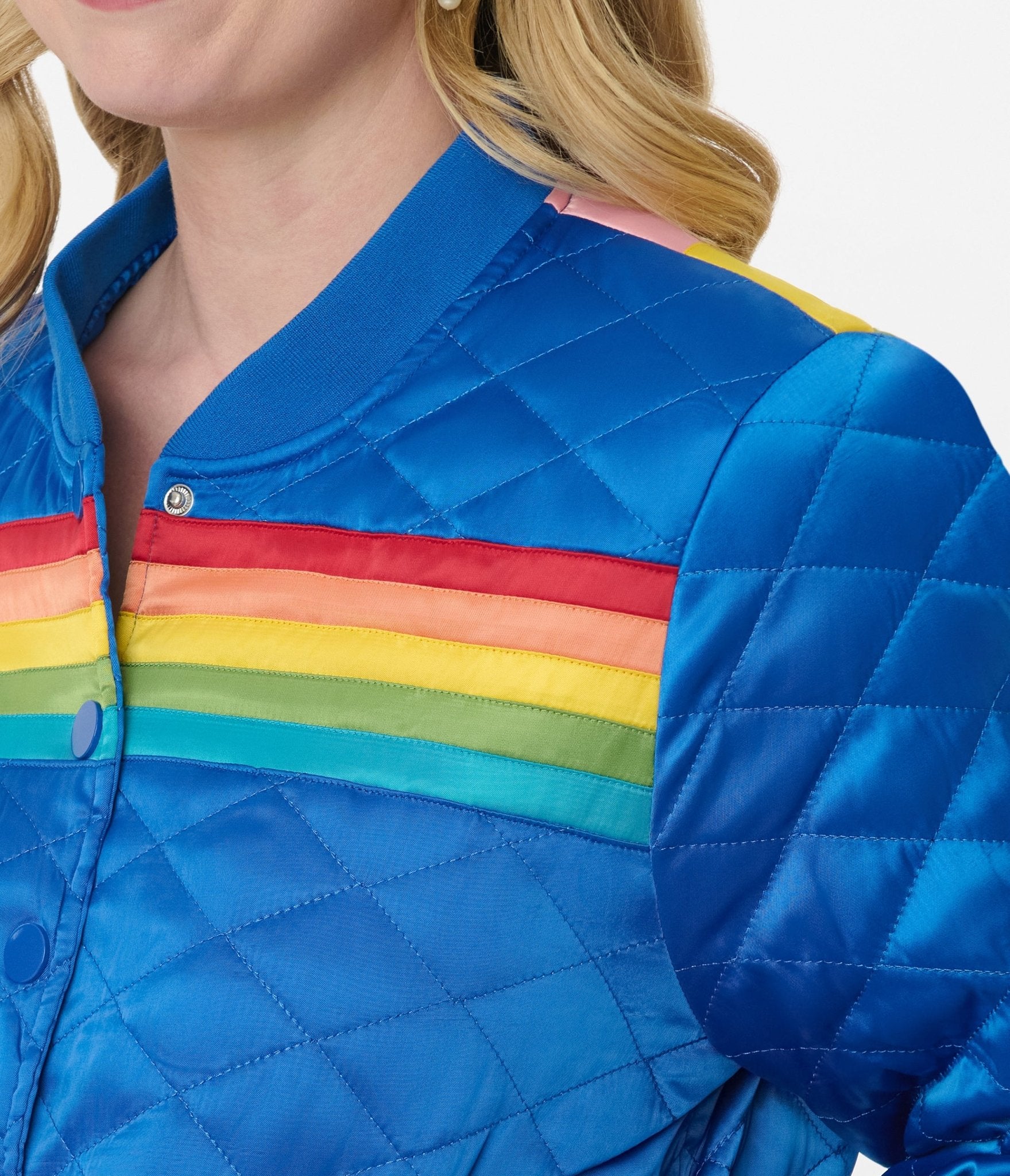 Preorder - Unique Vintage Blue & Rainbow Quilted Varsity Jacket - Unique Vintage - Womens, TOPS, OUTERWEAR