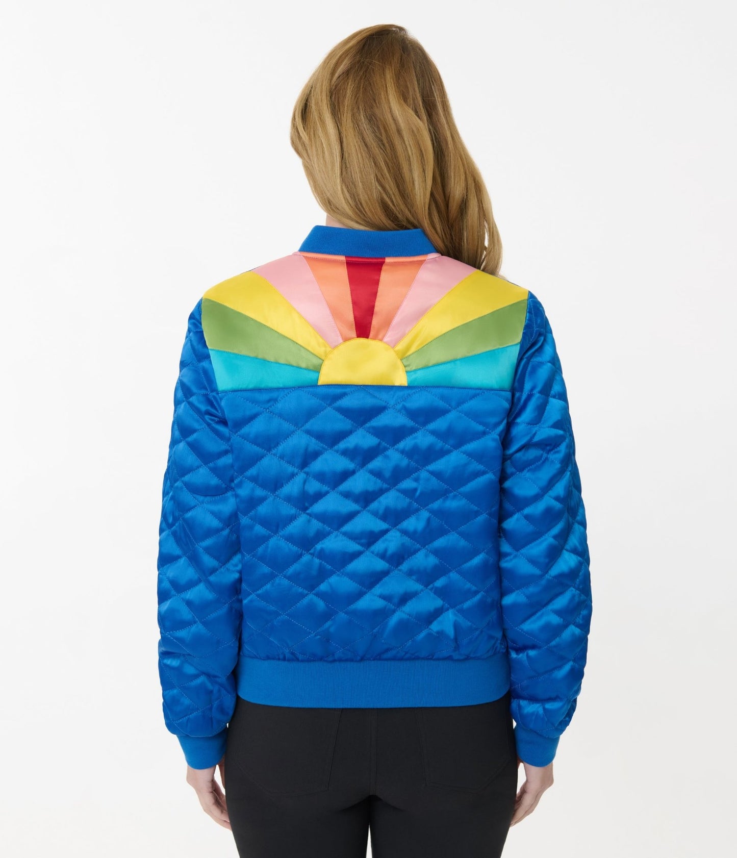 Preorder - Unique Vintage Blue & Rainbow Quilted Varsity Jacket - Unique Vintage - Womens, TOPS, OUTERWEAR