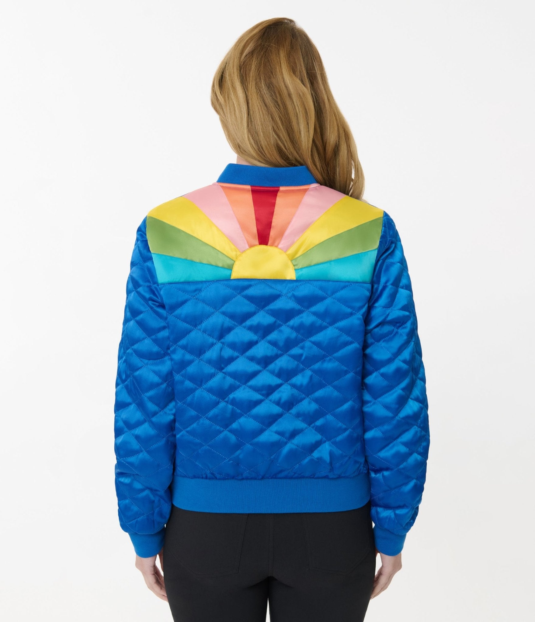 Preorder - Unique Vintage Blue & Rainbow Quilted Varsity Jacket - Unique Vintage - Womens, TOPS, OUTERWEAR