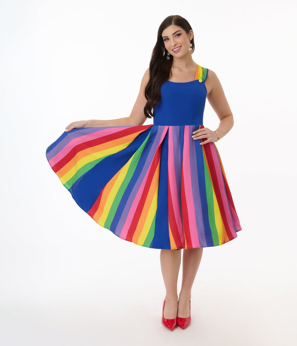 Preorder - Unique Vintage Blue & Rainbow Stripe Swing Dress - Unique Vintage - Womens, DRESSES, SWING