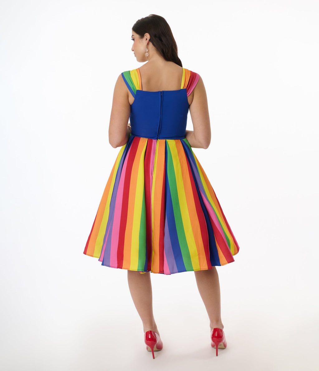 Preorder - Unique Vintage Blue & Rainbow Stripe Swing Dress - Unique Vintage - Womens, DRESSES, SWING