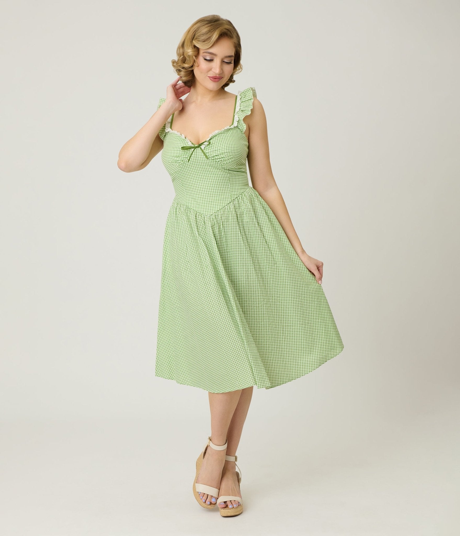 Unique Vintage Green Gingham Sweetheart Flutter Sleeve Swing Dress Unique Vintage Green Gingham Sweetheart Flutter Sleeve Swing Dress