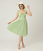 Preorder - Unique Vintage Green Gingham Sweetheart Flutter Sleeve Swing Dress - Unique Vintage - Womens, DRESSES, SWING