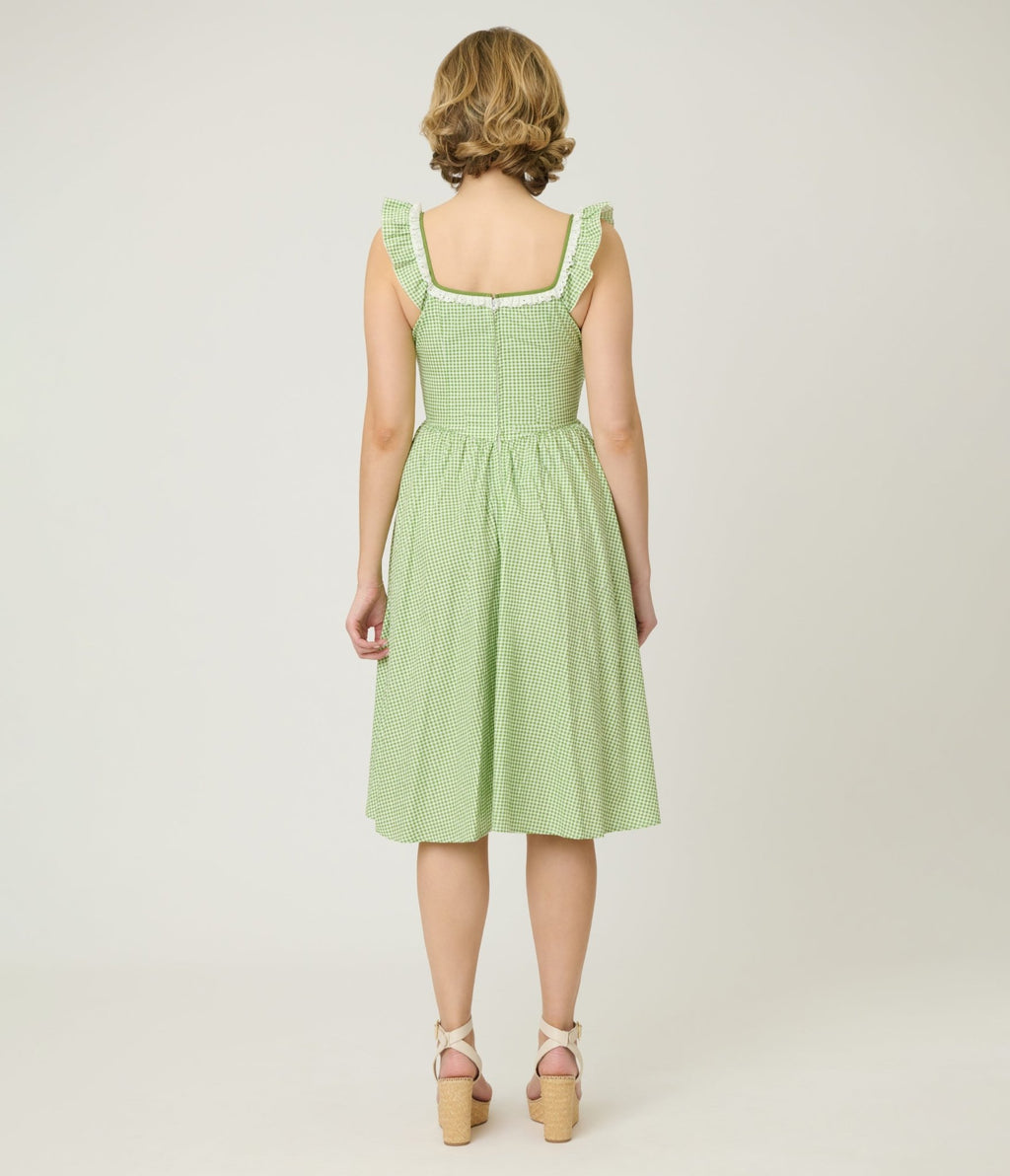 Preorder - Unique Vintage Green Gingham Sweetheart Flutter Sleeve Swing Dress - Unique Vintage - Womens, DRESSES, SWING