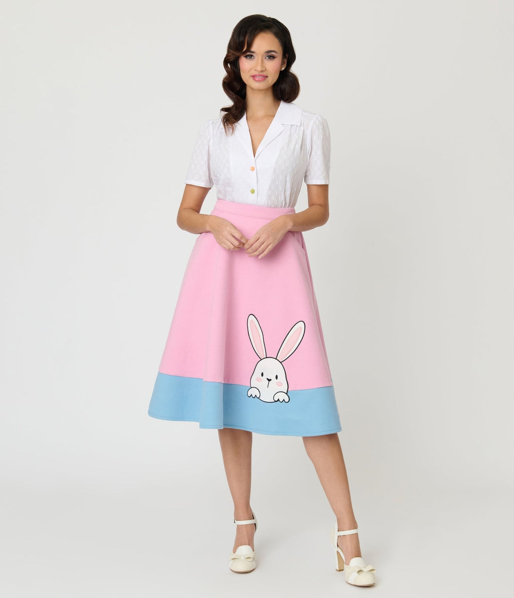 Preorder - Unique Vintage Pink & Blue Bunny Soda Shop Swing Skirt - Unique Vintage - Womens, BOTTOMS, SKIRTS