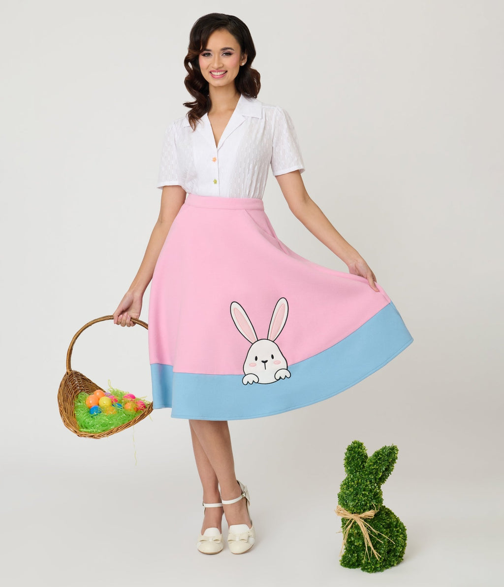 Preorder - Unique Vintage Pink & Blue Bunny Soda Shop Swing Skirt - Unique Vintage - Womens, BOTTOMS, SKIRTS