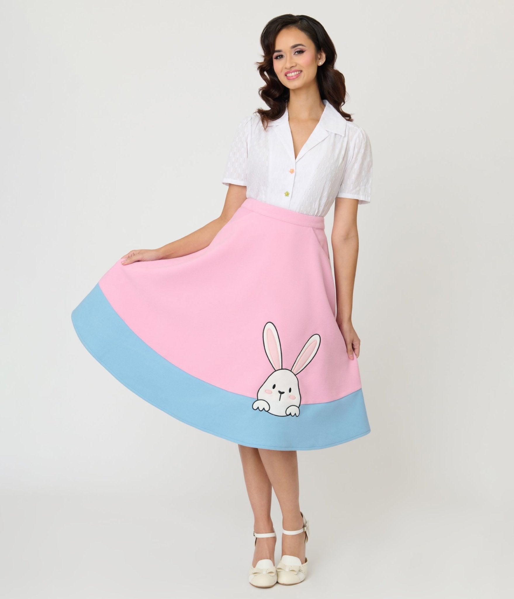 Preorder - Unique Vintage Pink & Blue Bunny Soda Shop Swing Skirt - Unique Vintage - Womens, BOTTOMS, SKIRTS
