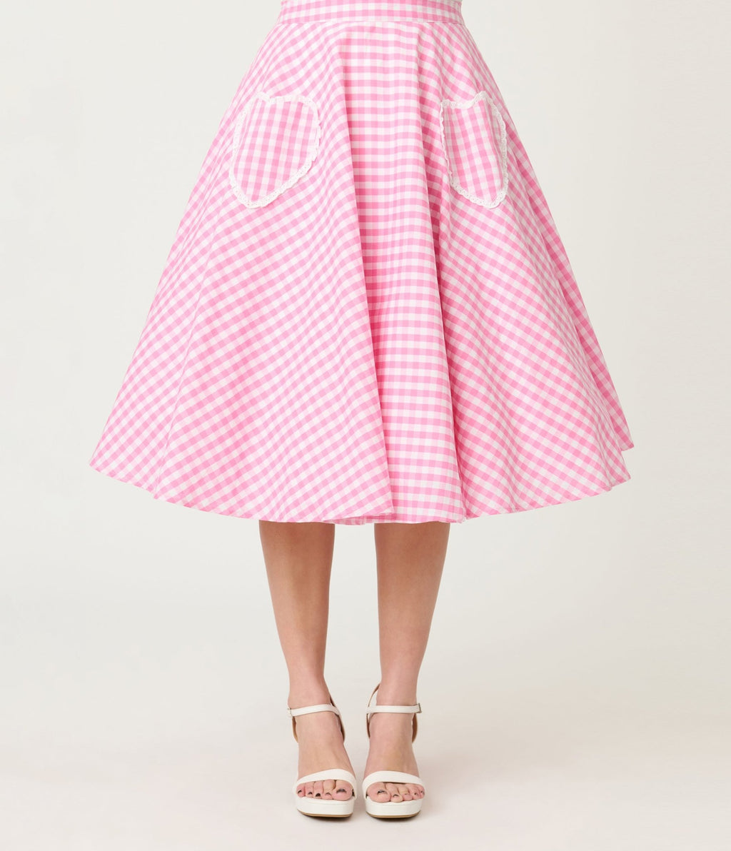 Preorder - Unique Vintage Pink Gingham Sally Swing Skirt - Unique Vintage - Womens, BOTTOMS, SKIRTS