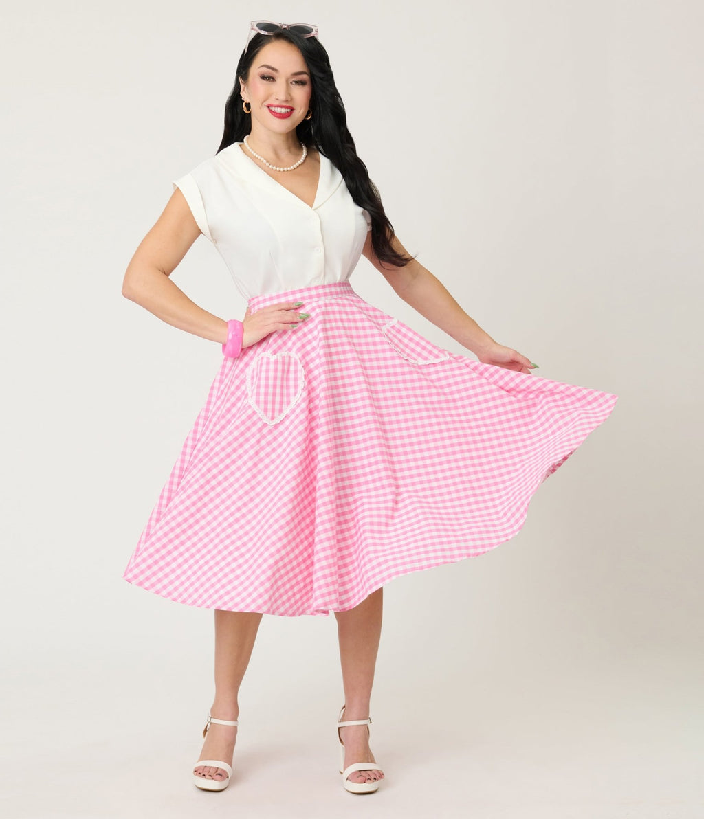 Preorder - Unique Vintage Pink Gingham Sally Swing Skirt - Unique Vintage - Womens, BOTTOMS, SKIRTS
