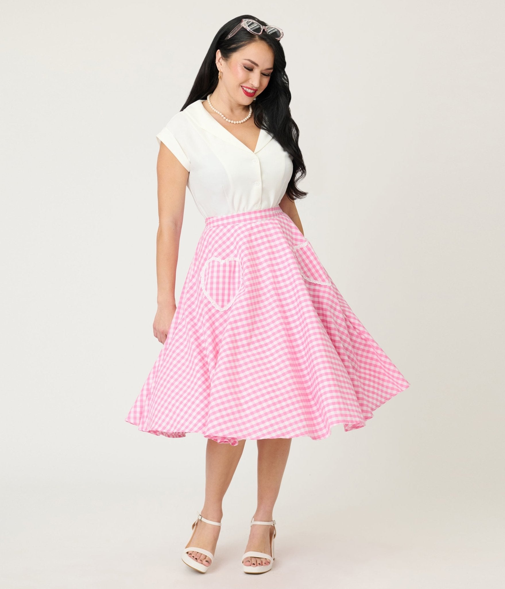 Preorder - Unique Vintage Pink Gingham Sally Swing Skirt - Unique Vintage - Womens, BOTTOMS, SKIRTS