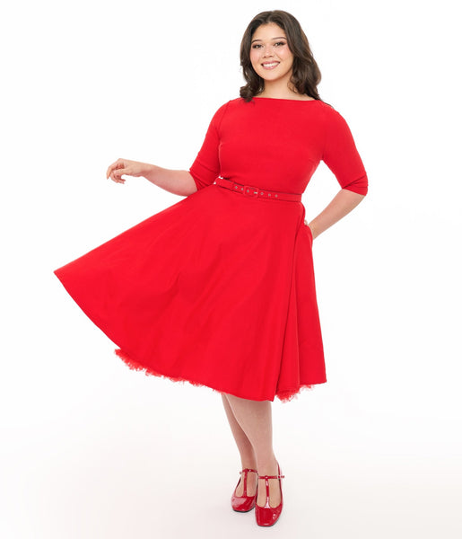 Unique Vintage Plus Size 1950s Bright Red Devon Swing Dress Unique Vintage Plus Size 1950s Bright Red Devon Swing Dress