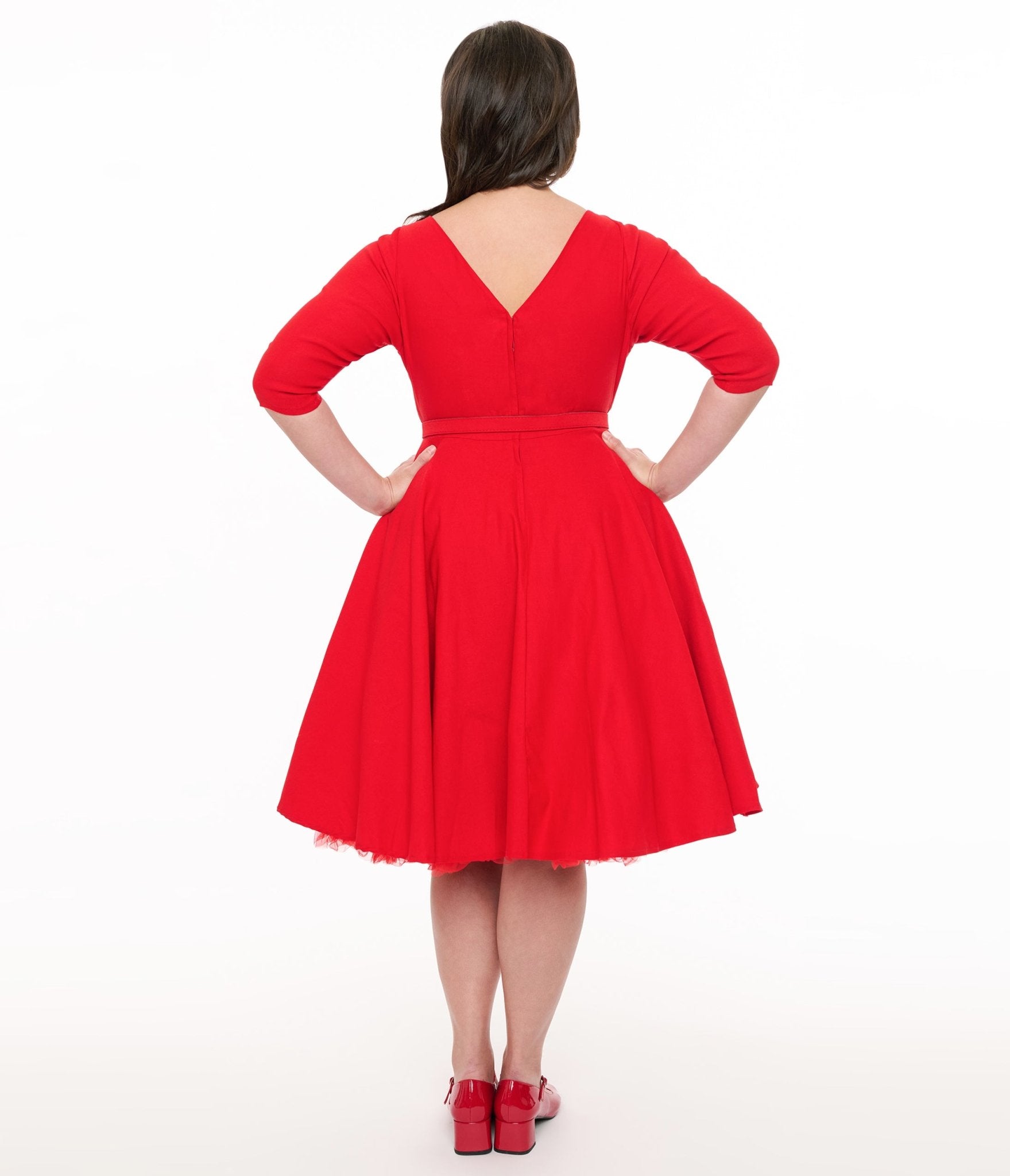 open lace back dress Unique Vintage Plus Size 1950s Bright Red Devon Swing Dress