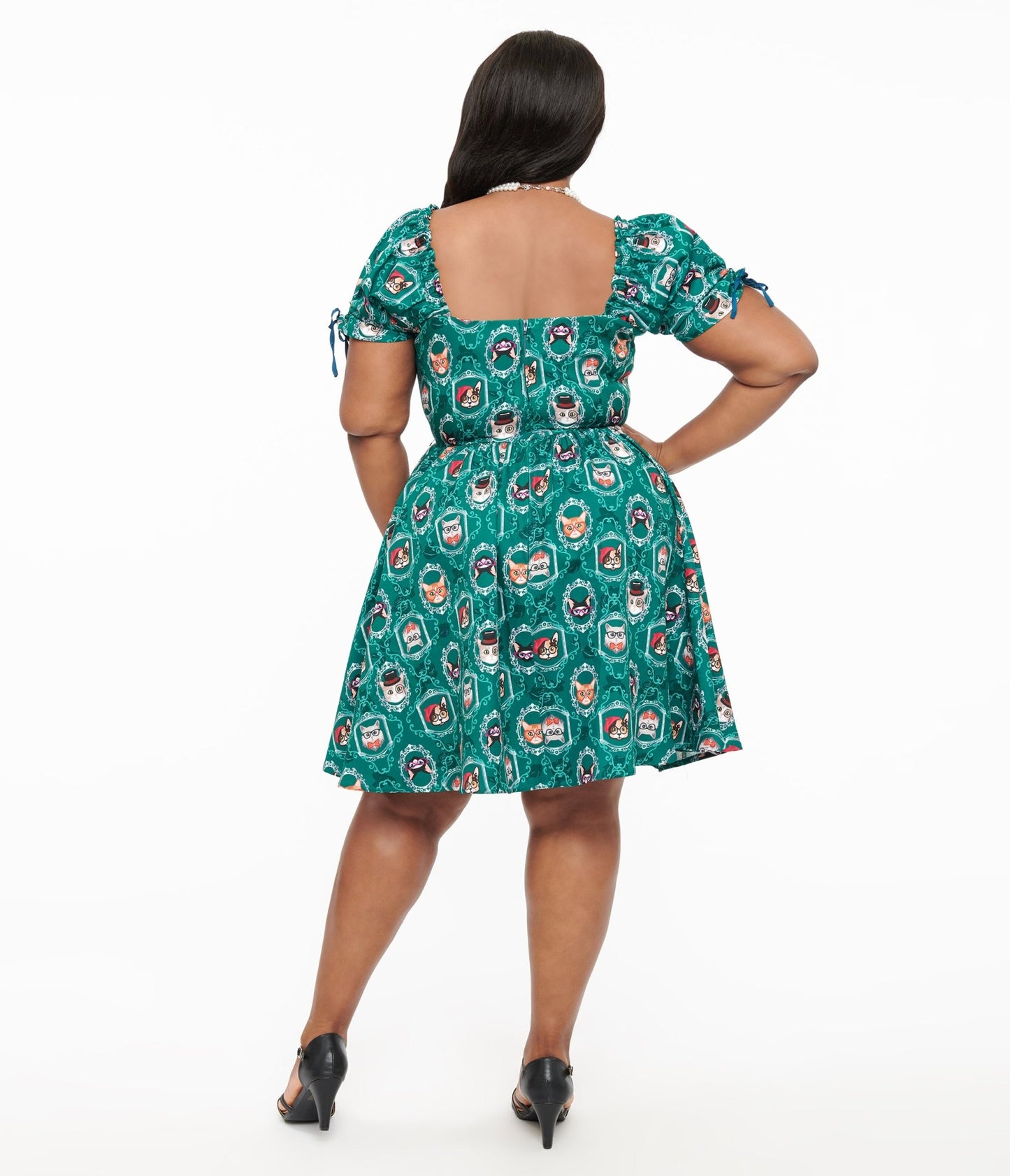 Preorder - Unique Vintage Plus Size 1950s Teal Cat Print Swing Dress - Unique Vintage - Womens, DRESSES, FIT AND FLARE