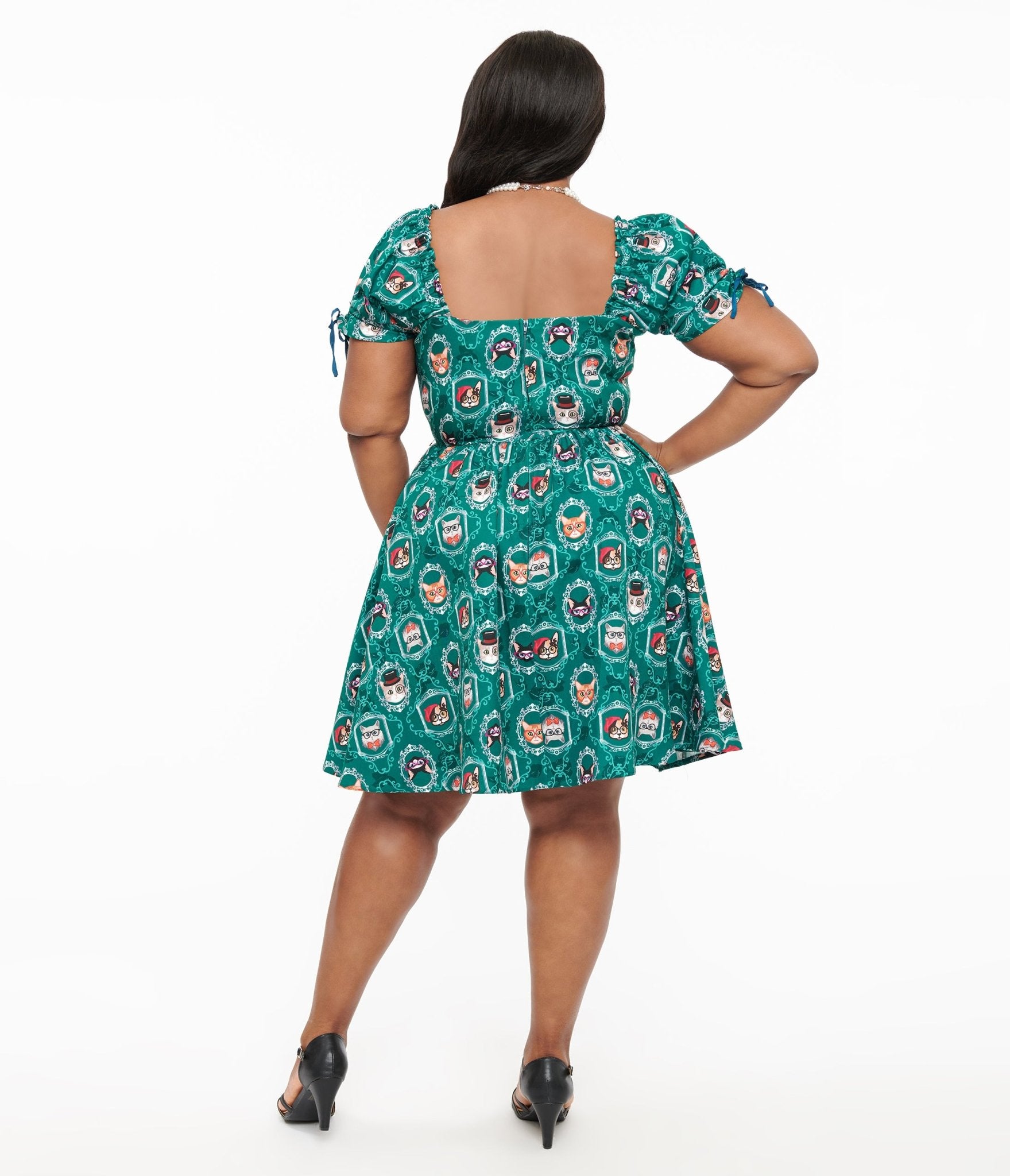 Preorder - Unique Vintage Plus Size 1950s Teal Cat Print Swing Dress - Unique Vintage - Womens, DRESSES, FIT AND FLARE