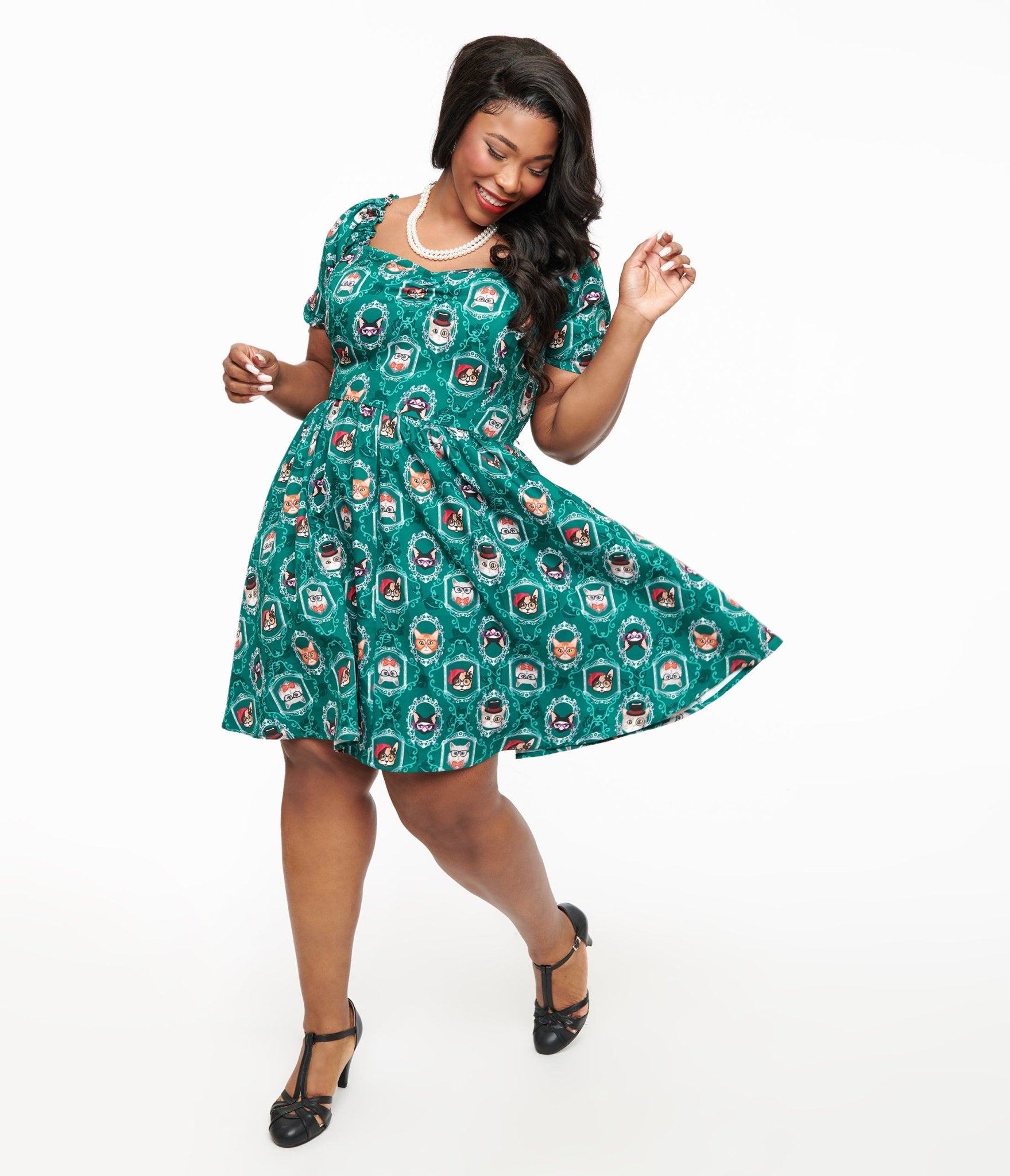 Preorder - Unique Vintage Plus Size 1950s Teal Cat Print Swing Dress - Unique Vintage - Womens, DRESSES, FIT AND FLARE