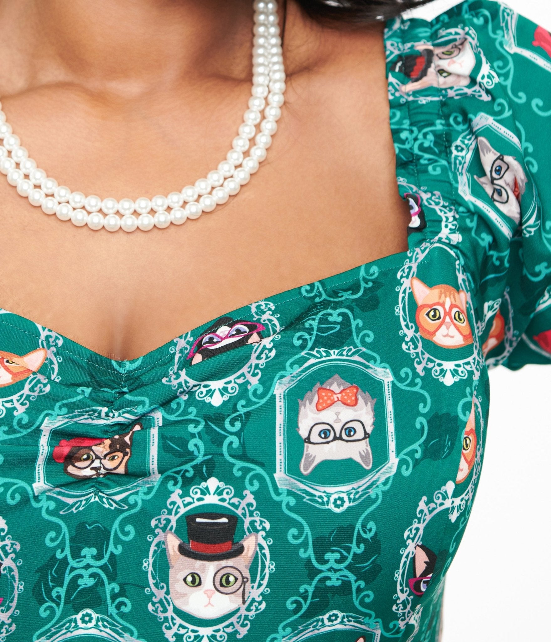 Preorder - Unique Vintage Plus Size 1950s Teal Cat Print Swing Dress - Unique Vintage - Womens, DRESSES, FIT AND FLARE