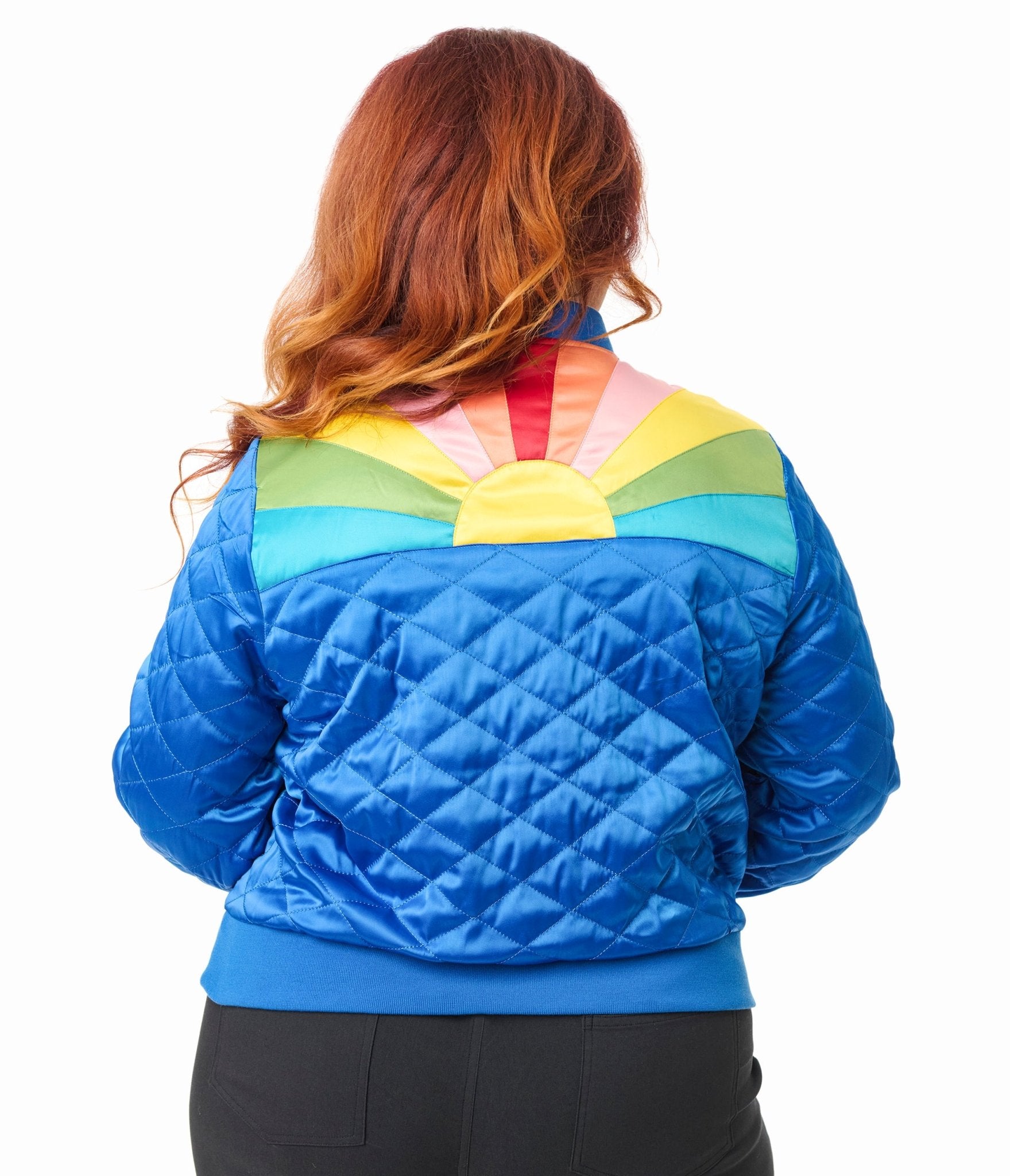 Preorder - Unique Vintage Plus Size Blue & Rainbow Quilted Varsity Jacket - Unique Vintage - Womens, TOPS, OUTERWEAR