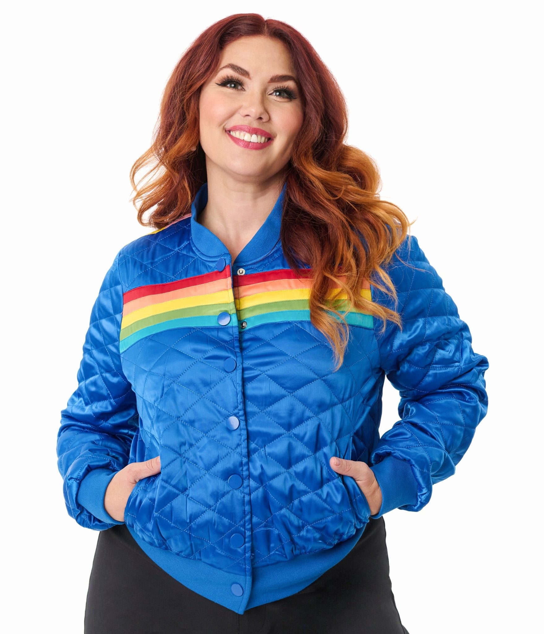 Preorder - Unique Vintage Plus Size Blue & Rainbow Quilted Varsity Jacket - Unique Vintage - Womens, TOPS, OUTERWEAR
