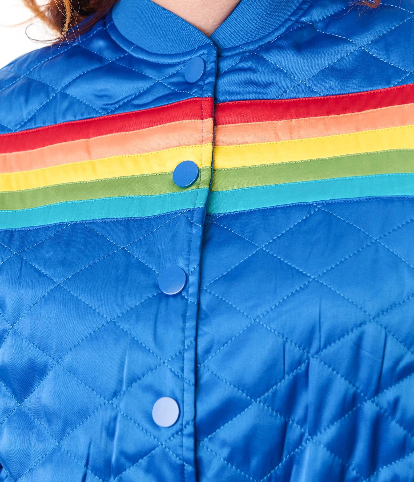Preorder - Unique Vintage Plus Size Blue & Rainbow Quilted Varsity Jacket - Unique Vintage - Womens, TOPS, OUTERWEAR