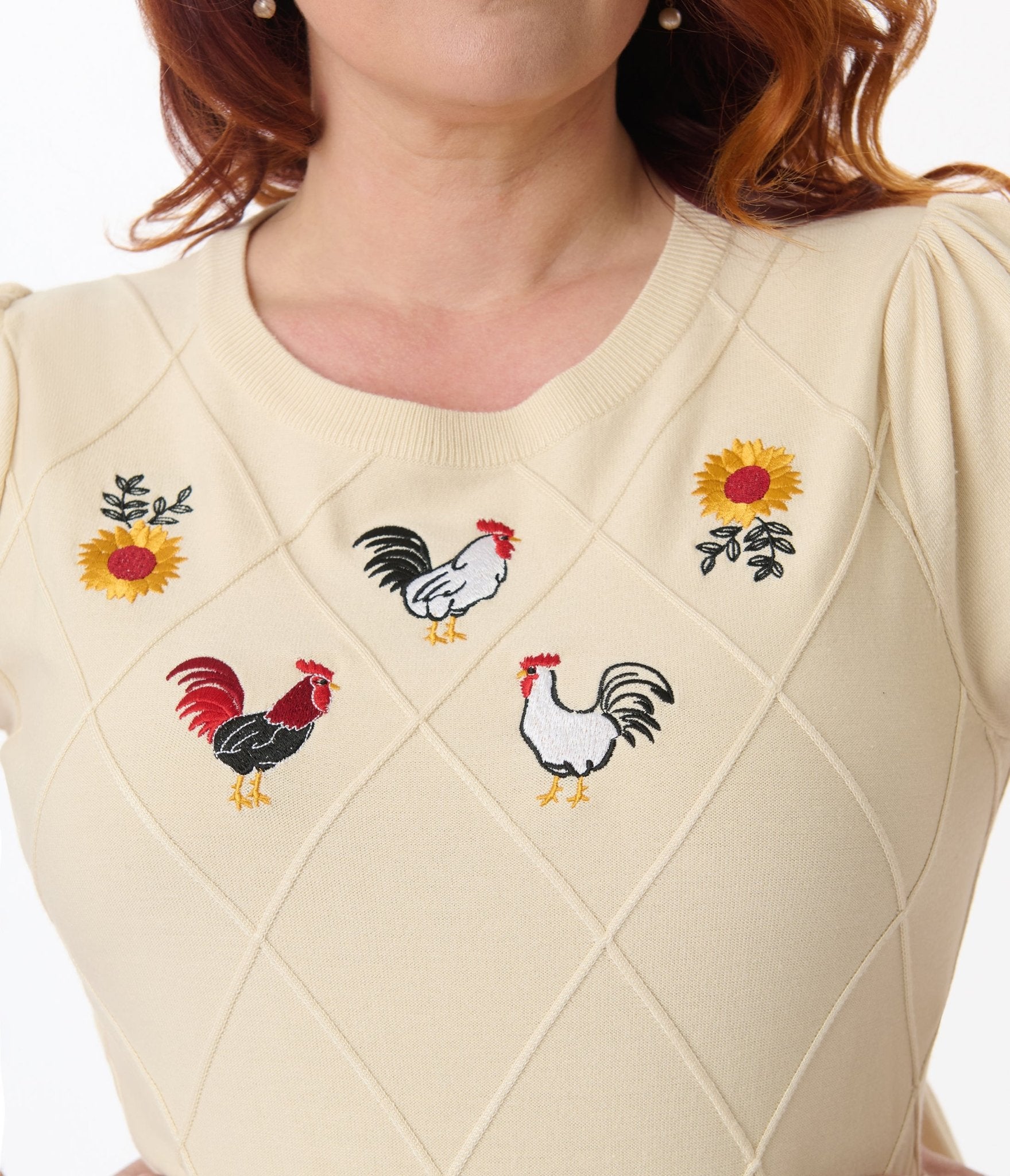 Preorder - Unique Vintage Plus Size Cream Chicken Embroidered Sweater - Unique Vintage - Womens, TOPS, SWEATERS