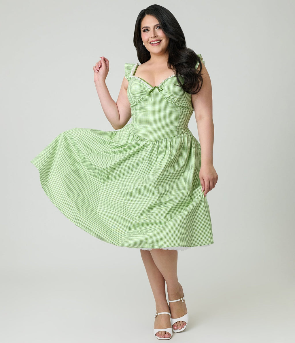 Preorder - Unique Vintage Plus Size Green Gingham Sweetheart Flutter Sleeve Swing Dress - Unique Vintage - Womens, DRESSES, SWING