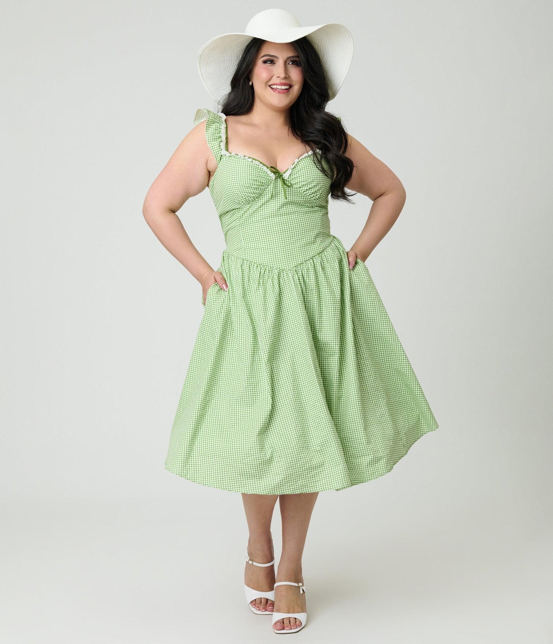 Preorder - Unique Vintage Plus Size Green Gingham Sweetheart Flutter Sleeve Swing Dress - Unique Vintage - Womens, DRESSES, SWING