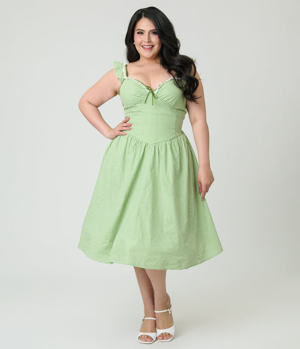 Preorder - Unique Vintage Plus Size Green Gingham Sweetheart Flutter Sleeve Swing Dress - Unique Vintage - Womens, DRESSES, SWING