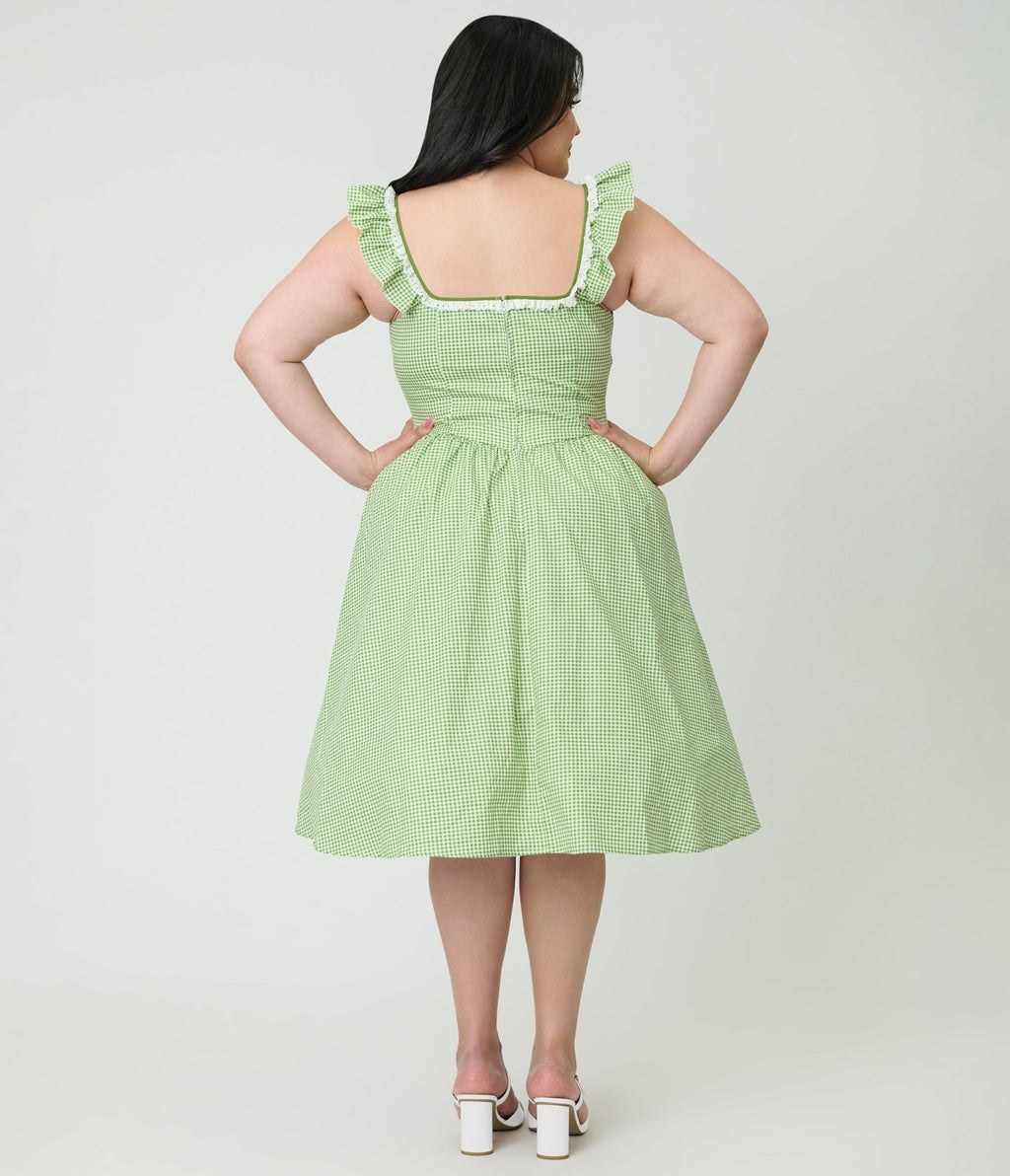 Preorder - Unique Vintage Plus Size Green Gingham Sweetheart Flutter Sleeve Swing Dress - Unique Vintage - Womens, DRESSES, SWING