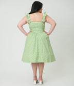 Preorder - Unique Vintage Plus Size Green Gingham Sweetheart Flutter Sleeve Swing Dress - Unique Vintage - Womens, DRESSES, SWING