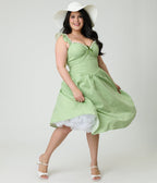 Preorder - Unique Vintage Plus Size Green Gingham Sweetheart Flutter Sleeve Swing Dress - Unique Vintage - Womens, DRESSES, SWING
