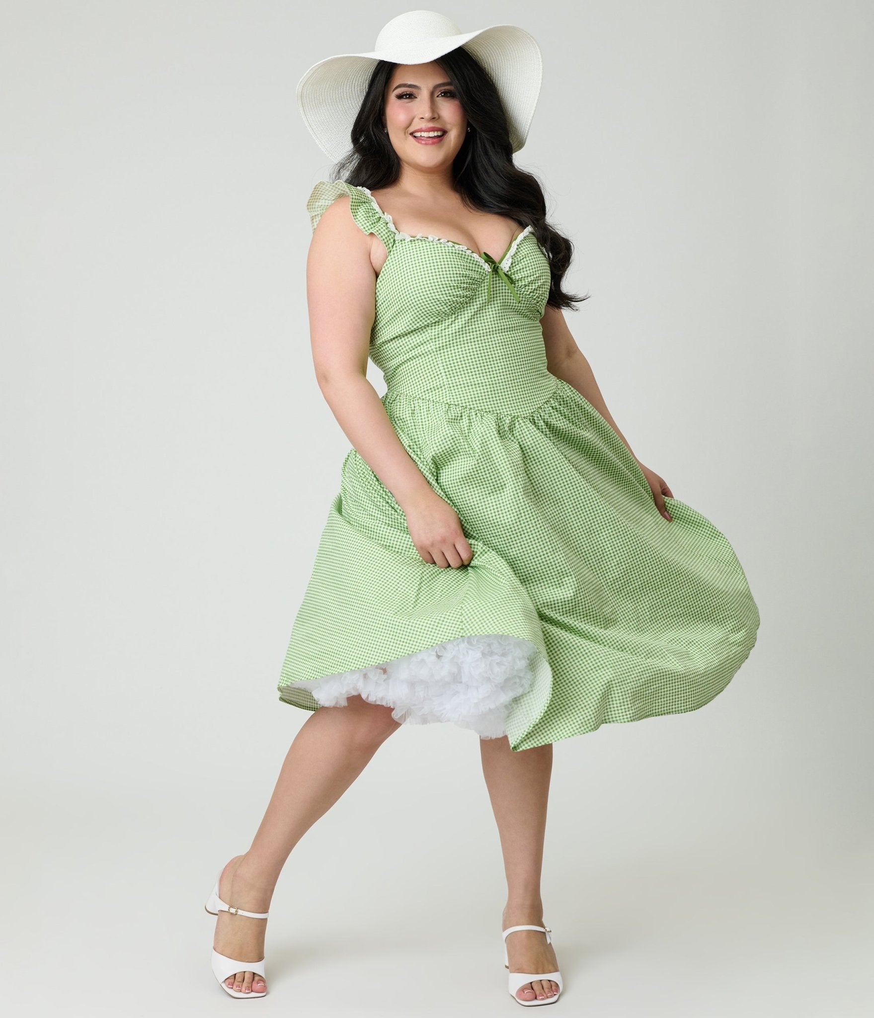 Preorder - Unique Vintage Plus Size Green Gingham Sweetheart Flutter Sleeve Swing Dress - Unique Vintage - Womens, DRESSES, SWING