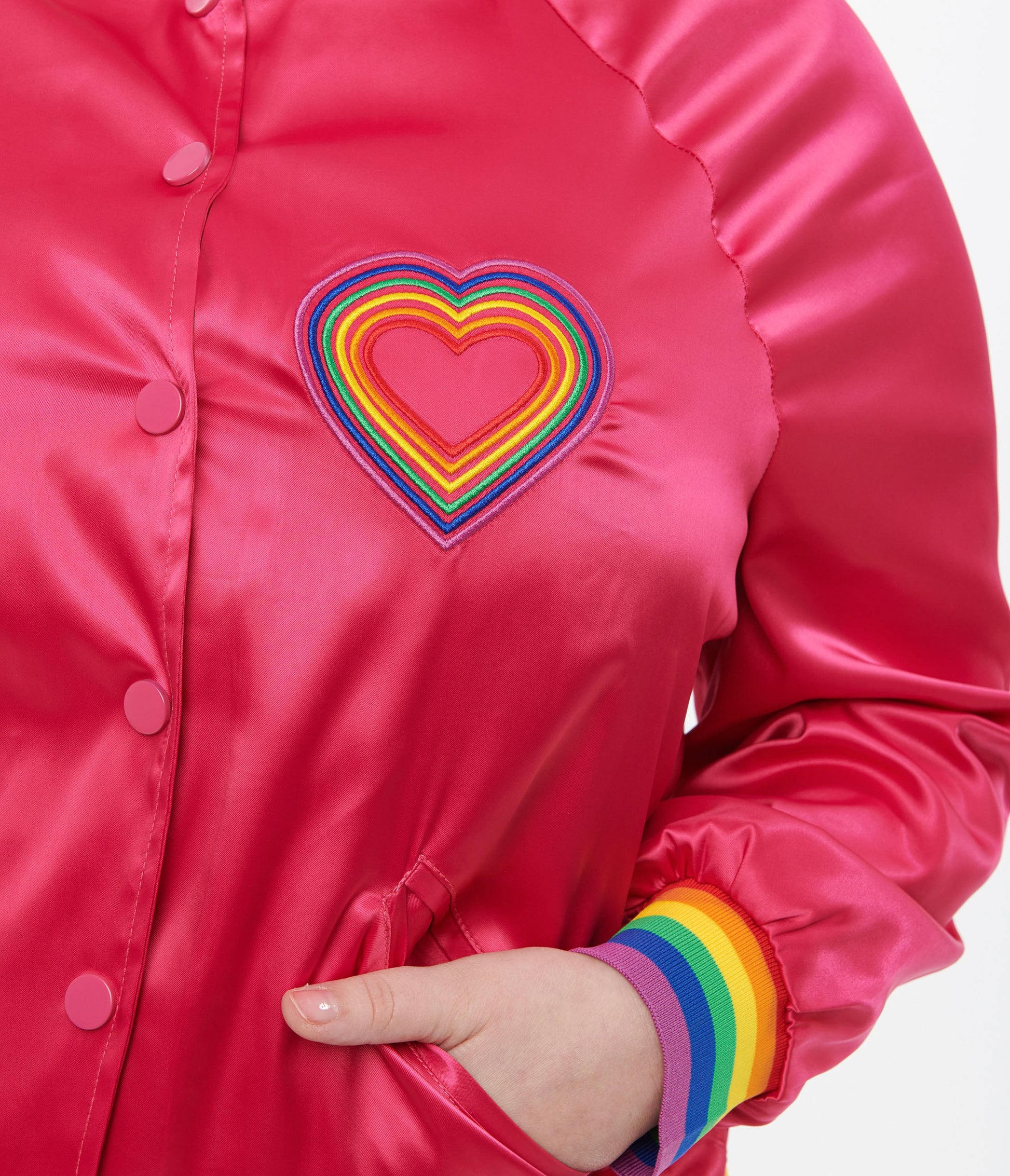 Preorder - Unique Vintage Plus Size Hot Pink & Rainbow Pride Satin Bomber Jacket - Unique Vintage - Womens, TOPS, OUTERWEAR