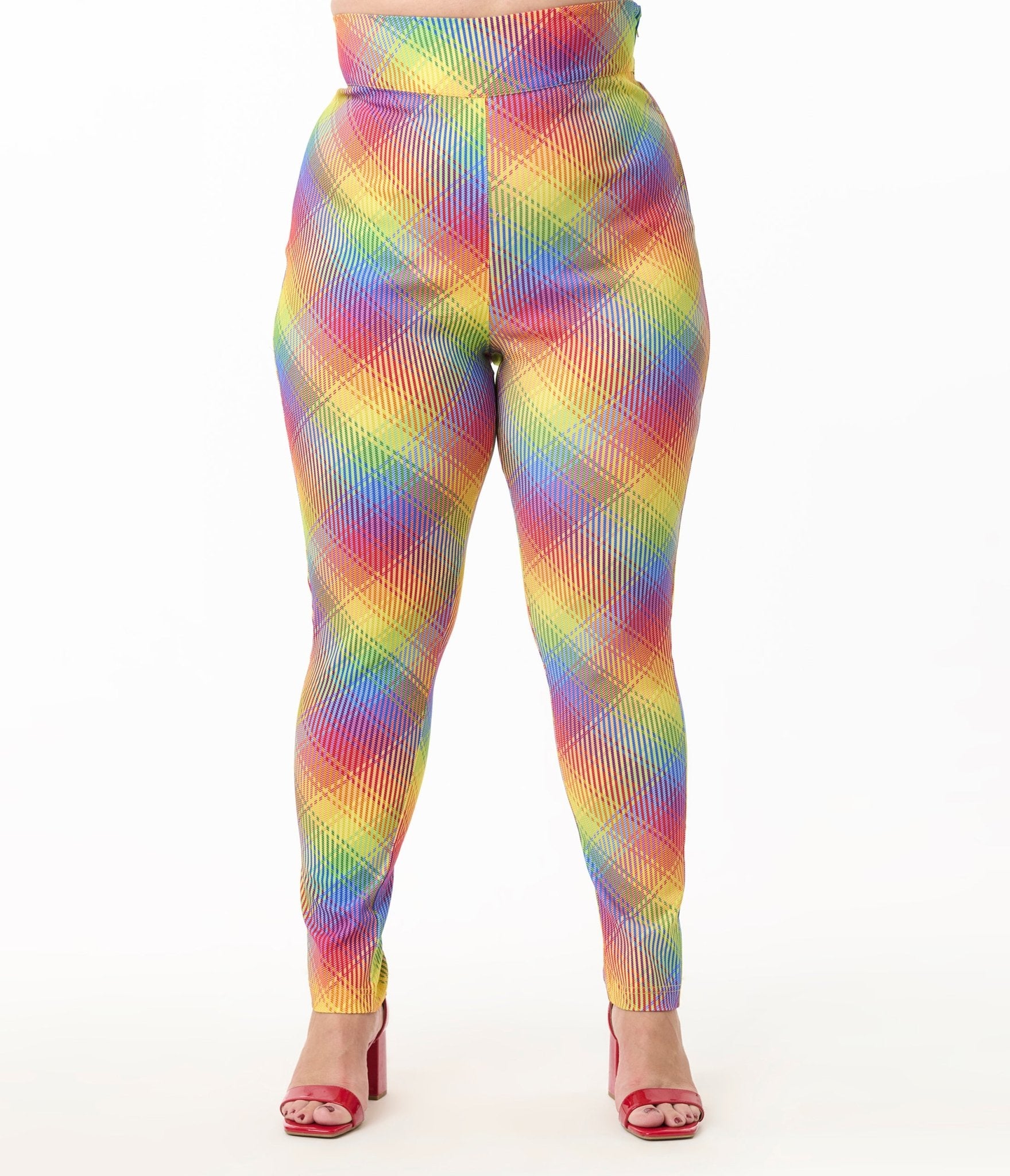 Preorder - Unique Vintage Plus Size Rainbow Plaid High Waist Rizzo Cigarette Pants - Unique Vintage - Womens, TOPS, OUTERWEAR