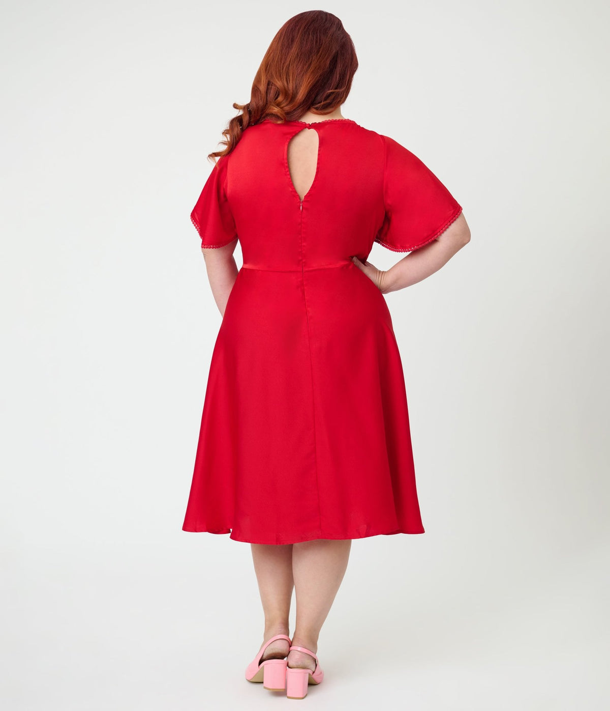 red floral knee length dress Unique Vintage Plus Size Mesh Cutout Swing eveningshoes