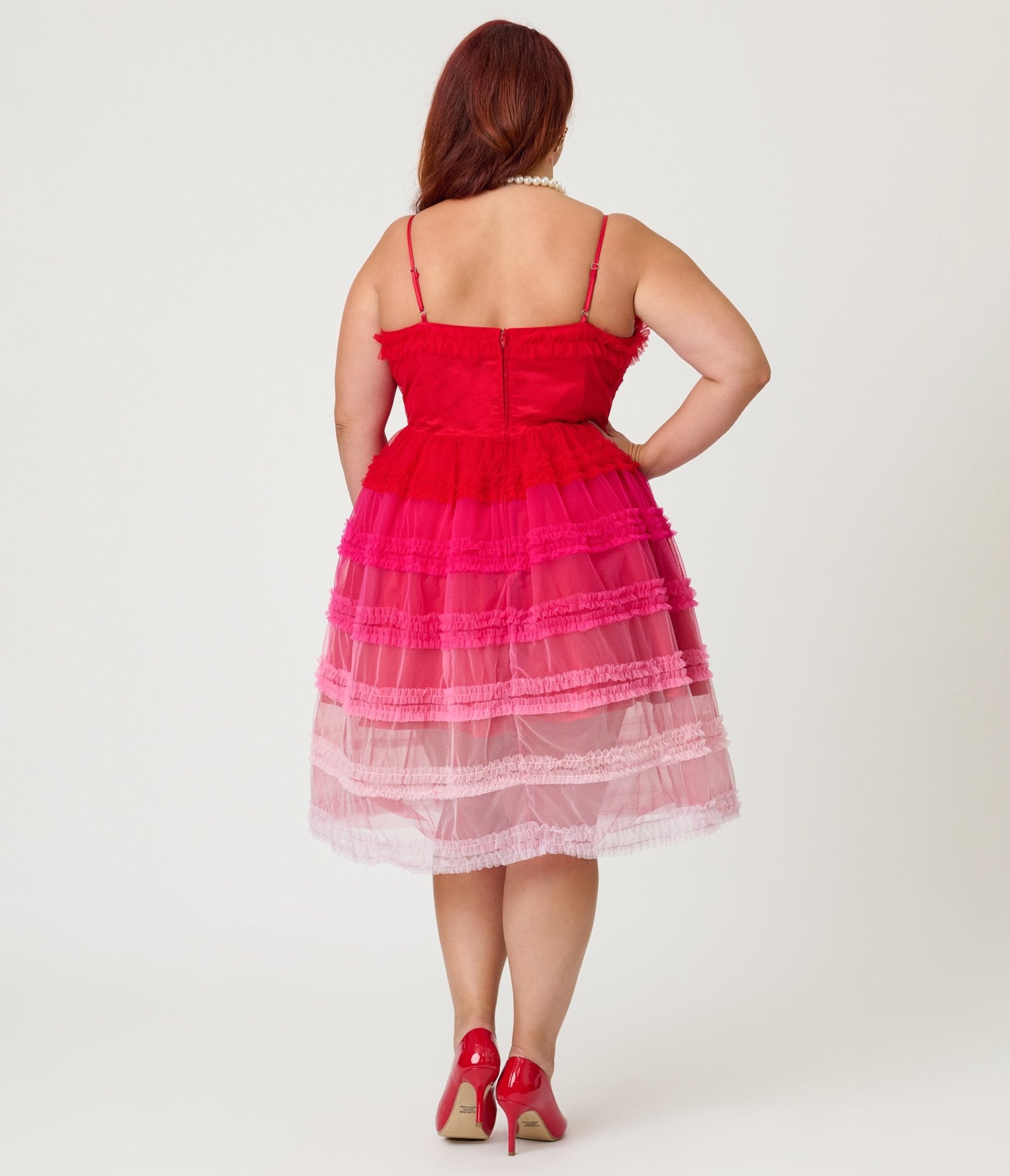sheer plus size dresses Unique Vintage Plus Size Red Ombre Tiered Sheer Midi Dress