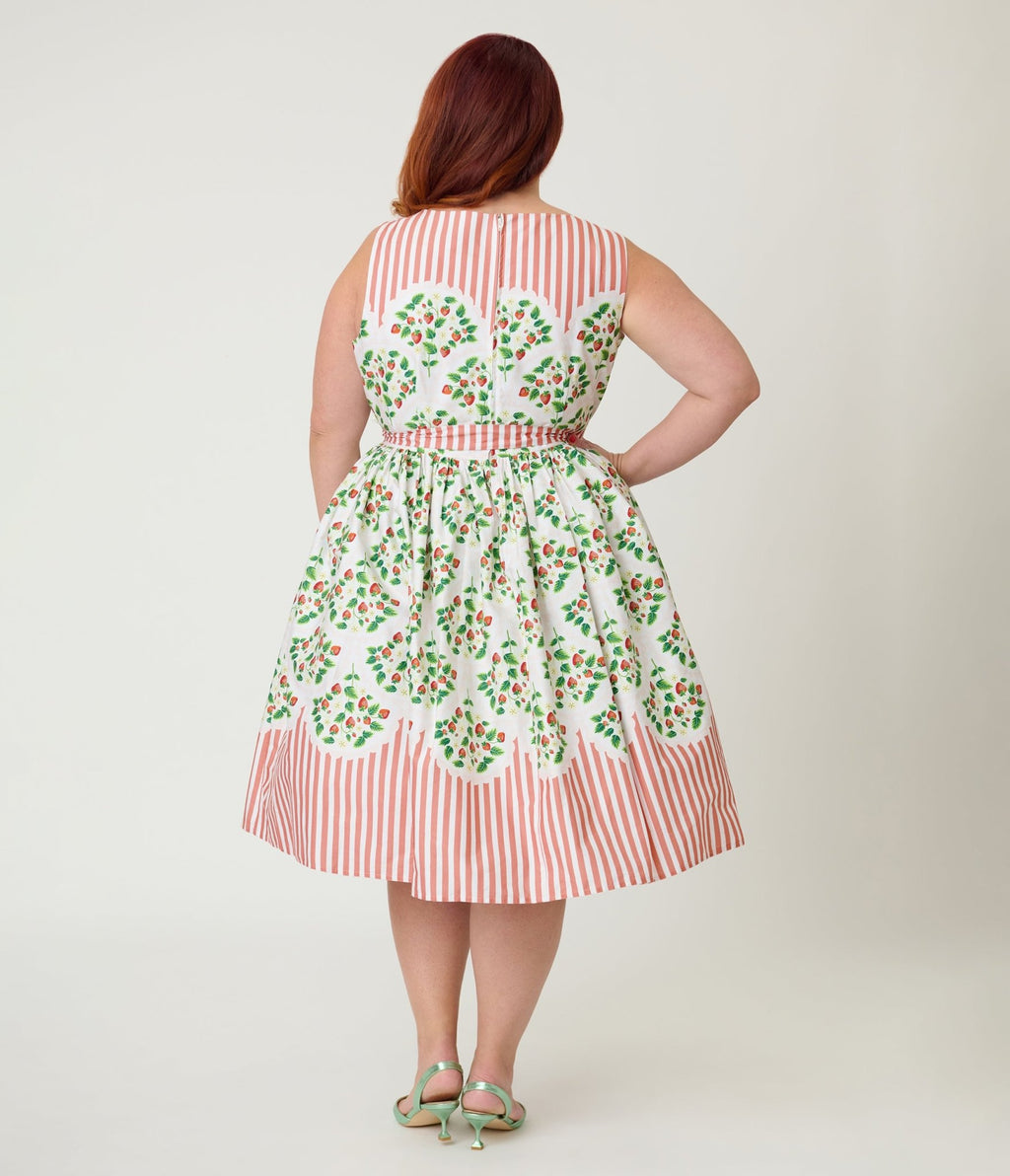 Preorder - Unique Vintage Plus Size Strawberry & Stripe Sleeveless Cotton Swing Dress - Unique Vintage - Womens, DRESSES, SWING