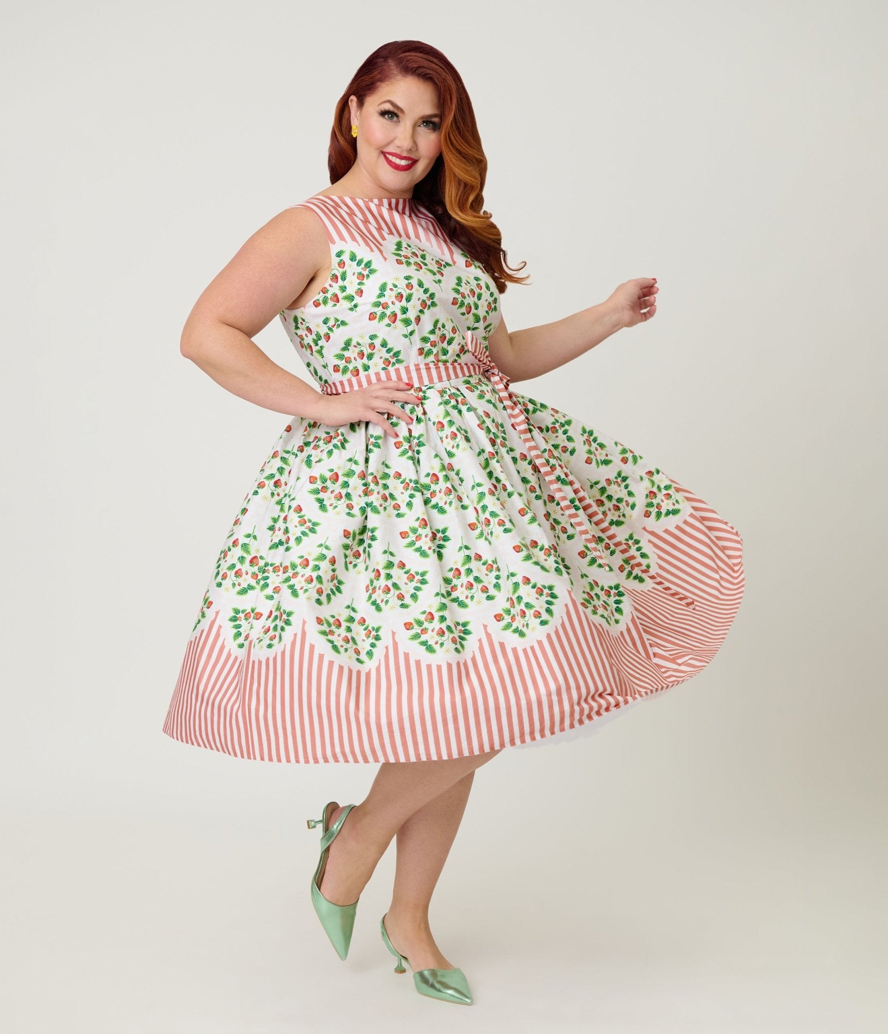 Preorder - Unique Vintage Plus Size Strawberry & Stripe Sleeveless Cotton Swing Dress - Unique Vintage - Womens, DRESSES, SWING