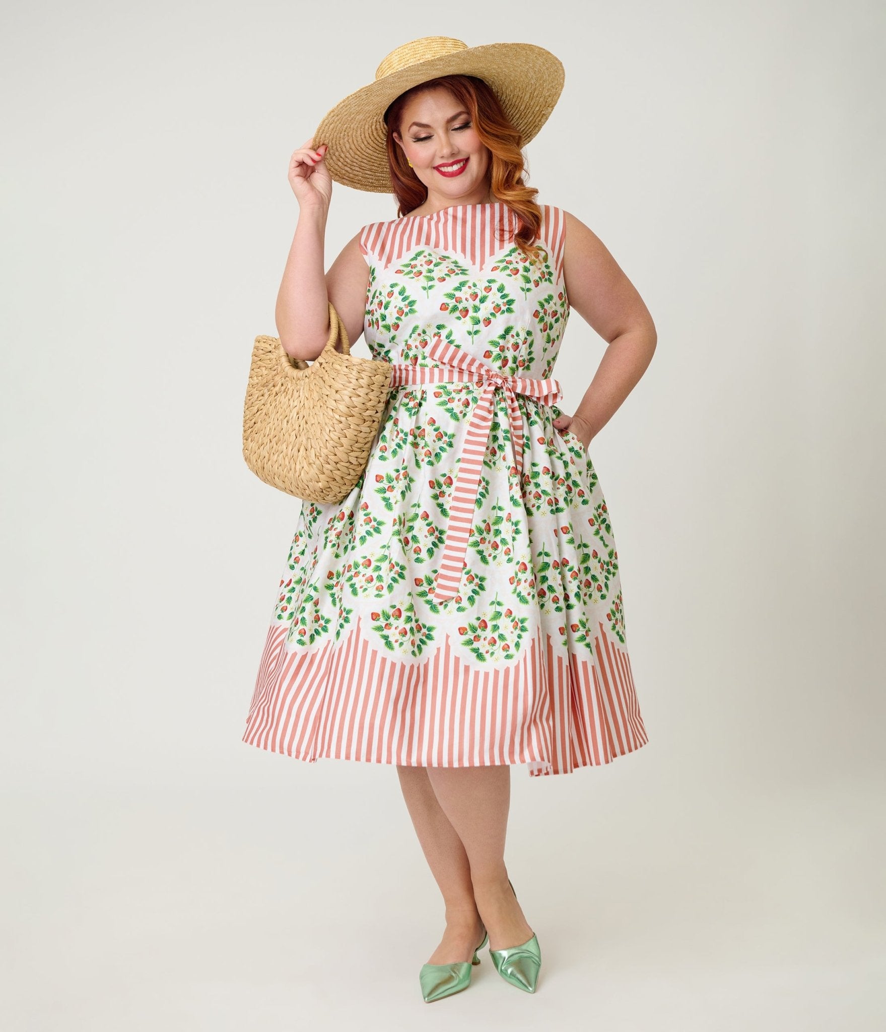 Preorder - Unique Vintage Plus Size Strawberry & Stripe Sleeveless Cotton Swing Dress - Unique Vintage - Womens, DRESSES, SWING