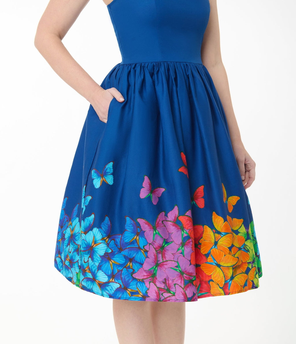 knee length dresses for ladies Navy Blue Butterfly V Neck Vintage Dress main image 0