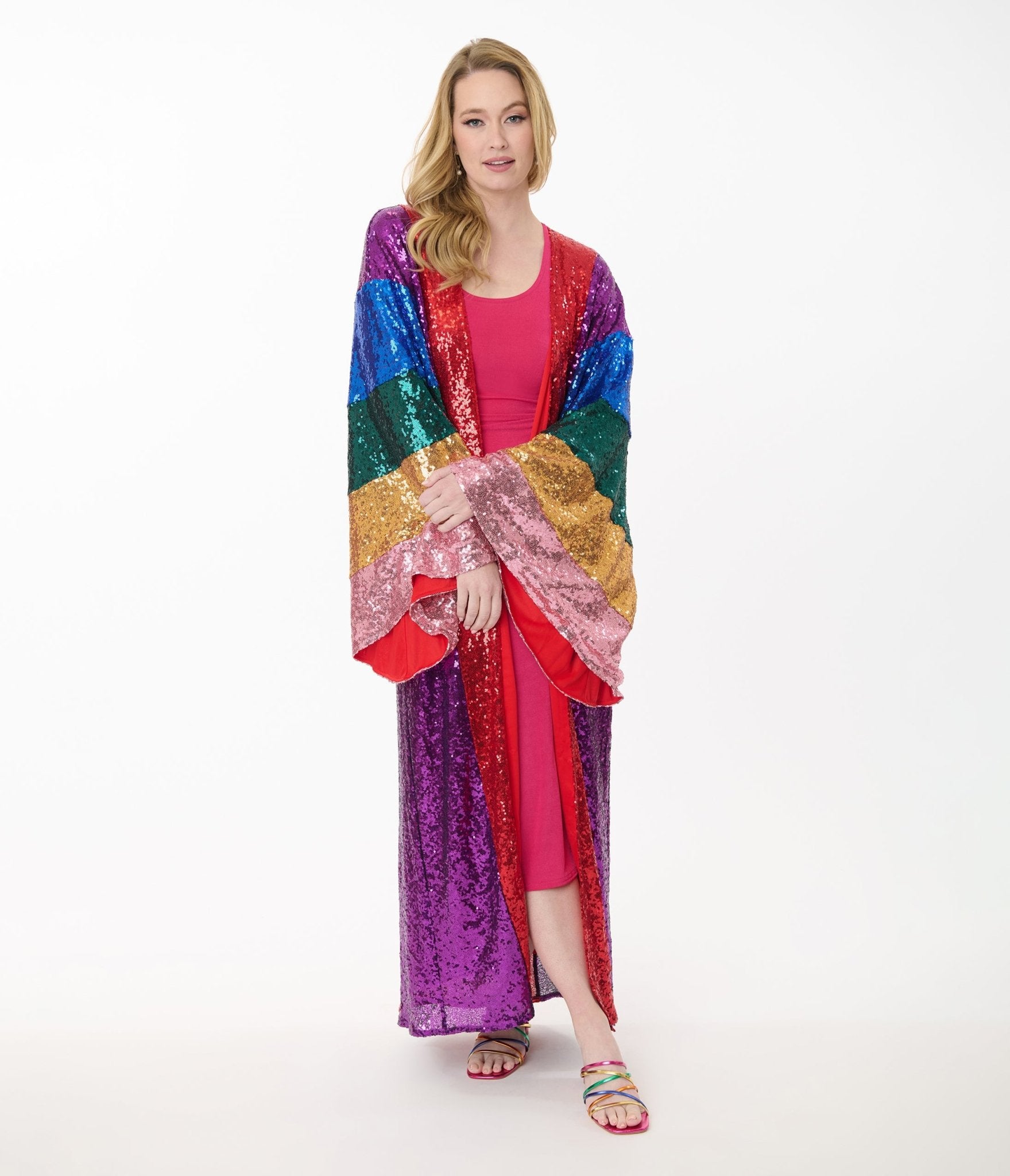 Preorder - Unique Vintage Rainbow Sequin Striped Long Kimono - Unique Vintage - Womens, FLAPPER, COATS