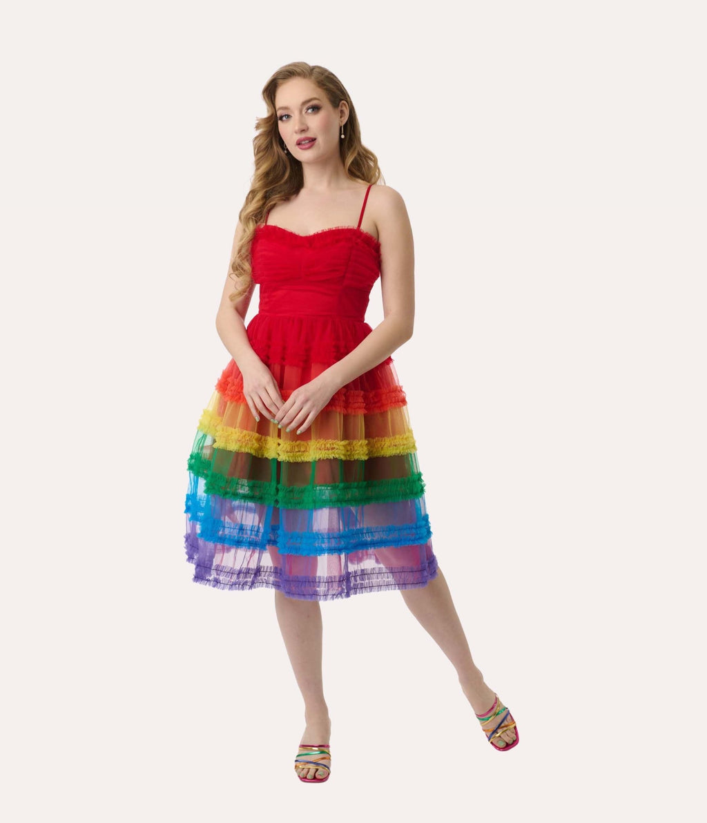 Preorder - Unique Vintage Rainbow Tiered Sheer Midi Dress - Unique Vintage - Womens, DRESSES, PROM AND SPECIAL OCCASION