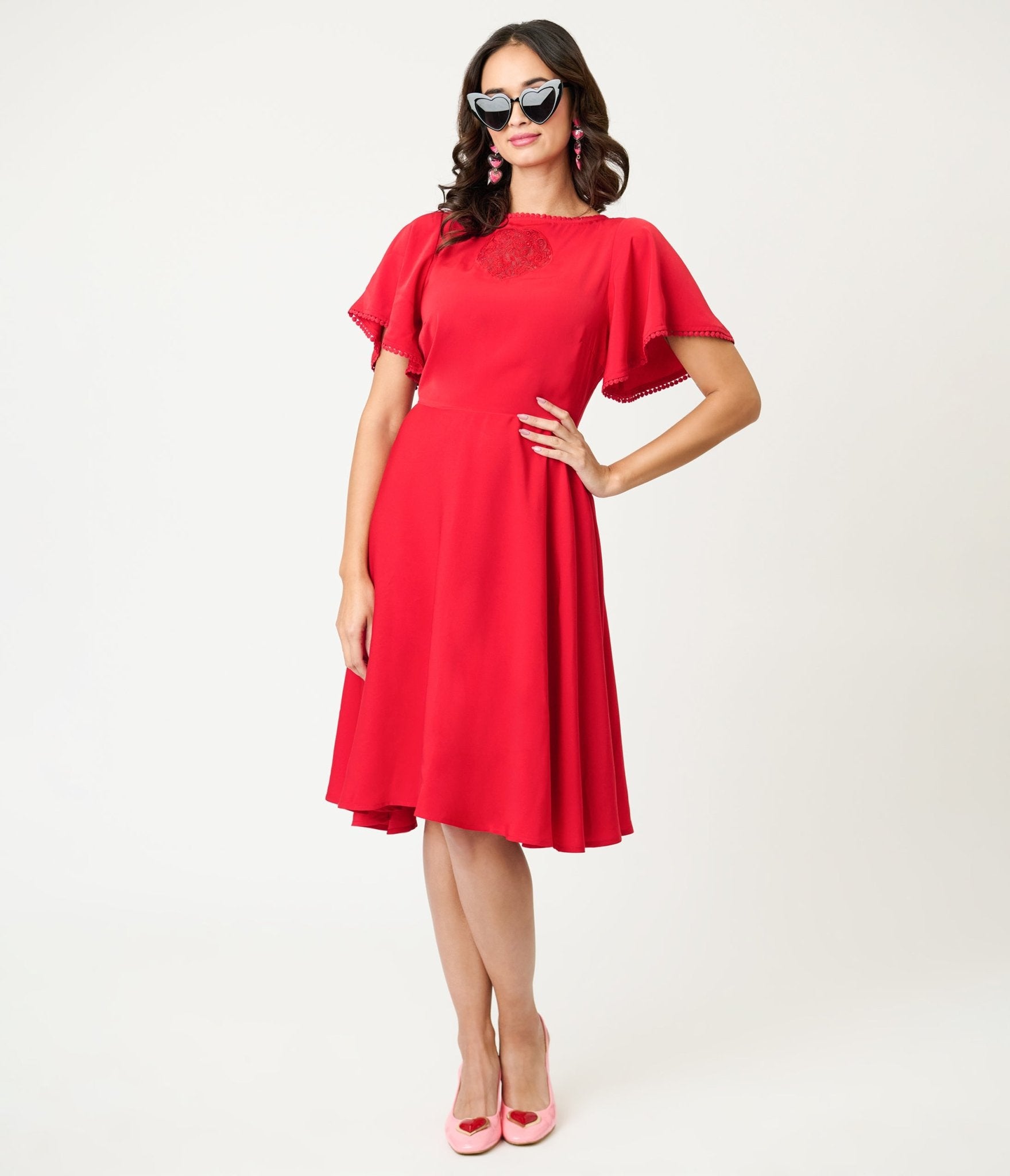 Unique Vintage Red Floral Mesh Cutout Swing Dress S/4-6