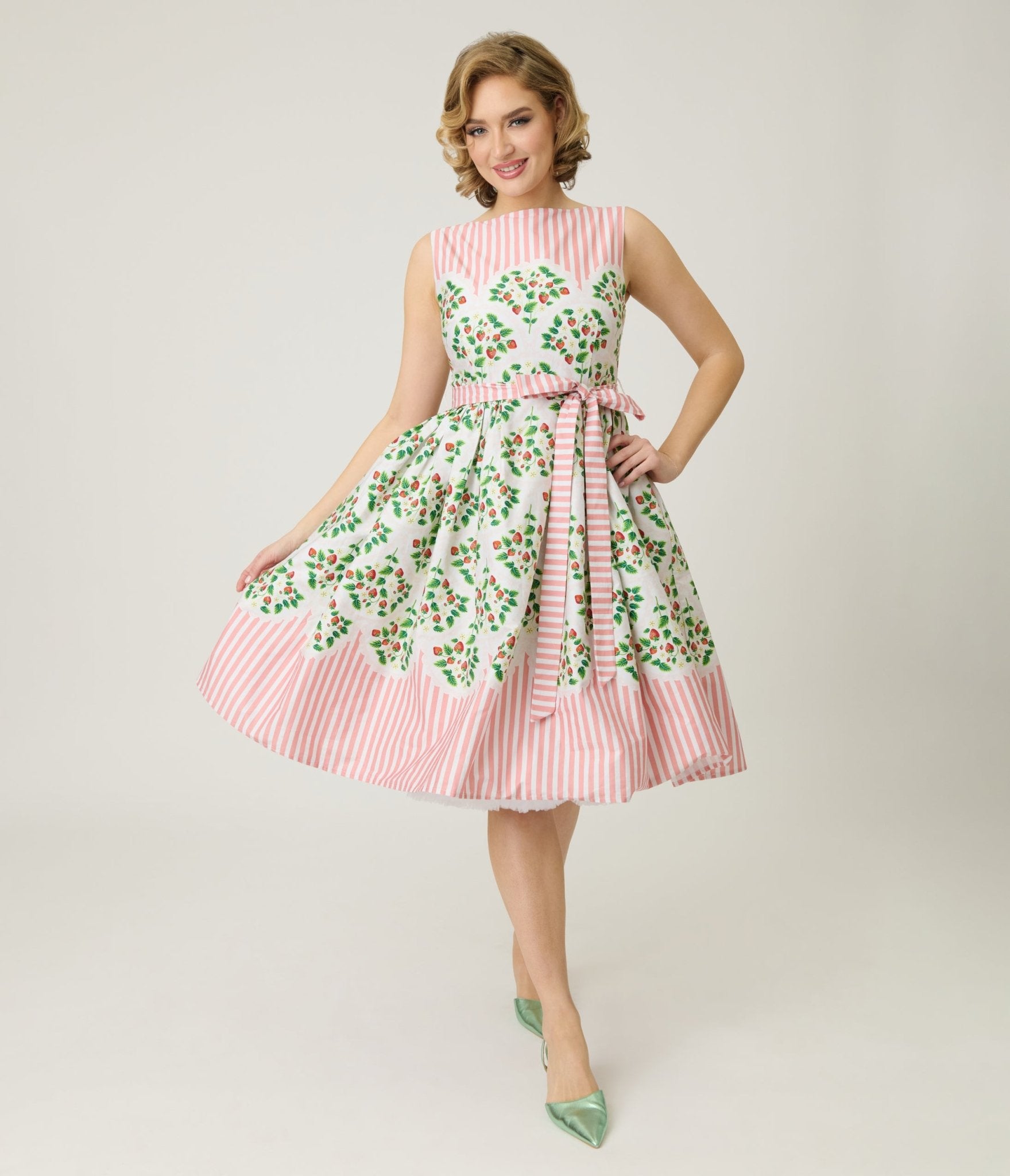 Preorder - Unique Vintage Strawberry & Stripe Sleeveless Cotton Swing Dress - Unique Vintage - Womens, DRESSES, SWING