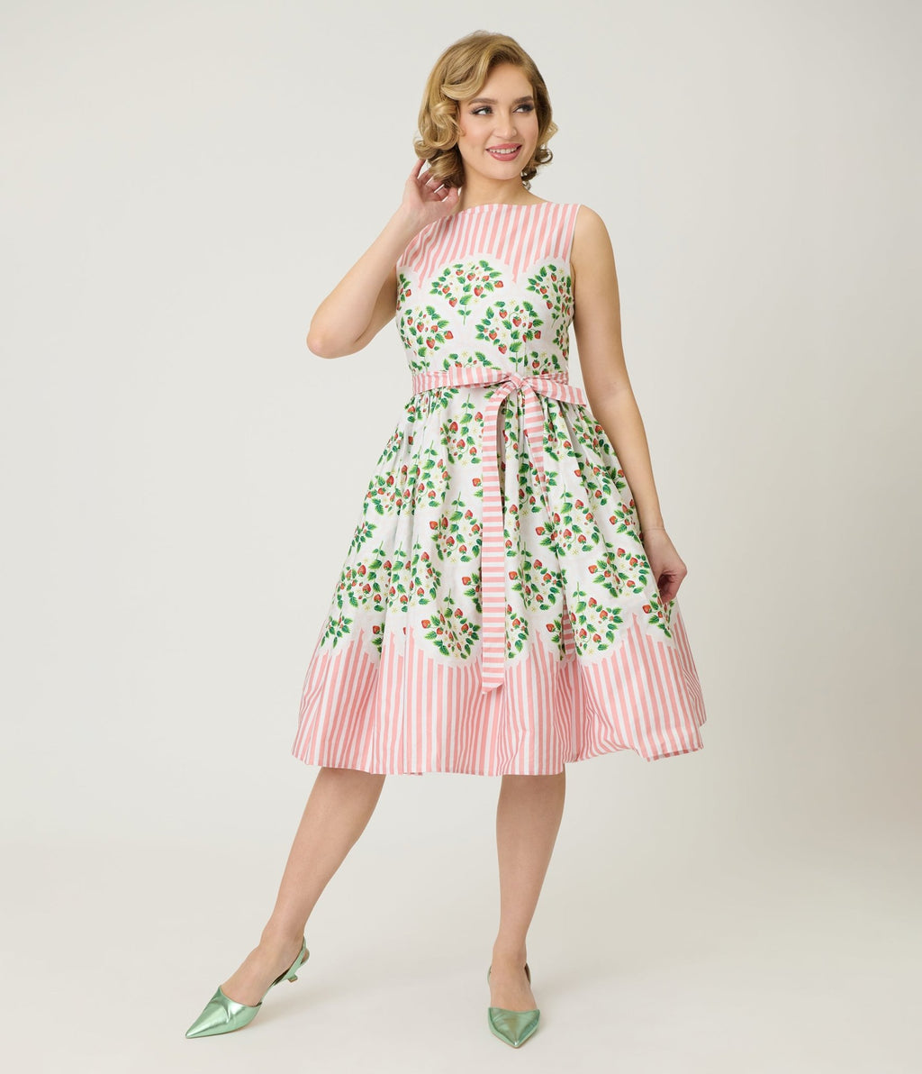 Preorder - Unique Vintage Strawberry & Stripe Sleeveless Cotton Swing Dress - Unique Vintage - Womens, DRESSES, SWING