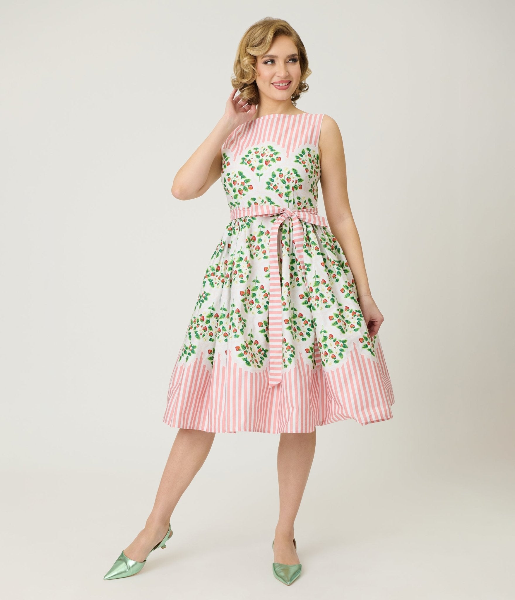 Preorder - Unique Vintage Strawberry & Stripe Sleeveless Cotton Swing Dress - Unique Vintage - Womens, DRESSES, SWING