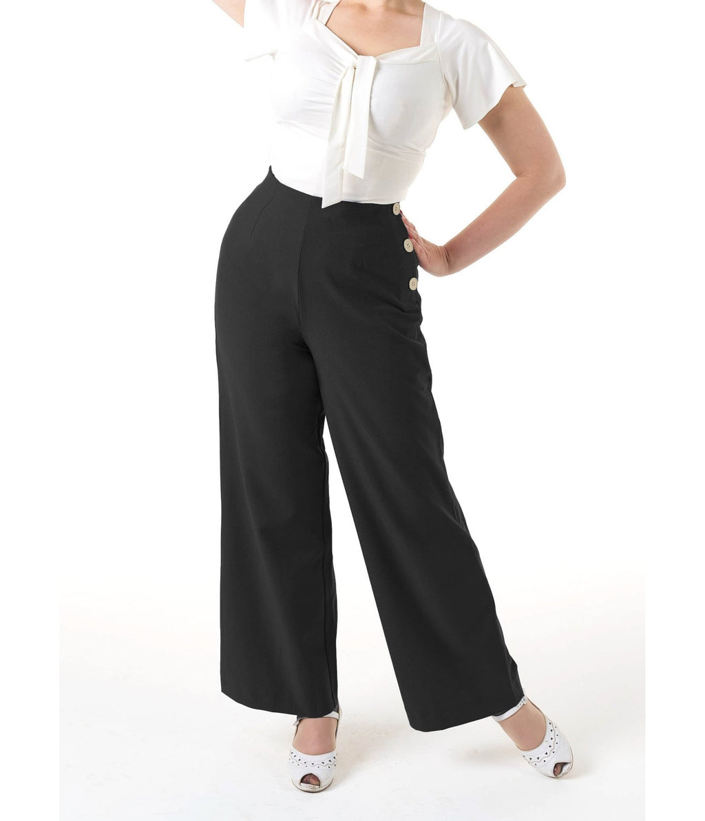 Pretty Retro Black 1940s Wide Leg Trousers - Unique Vintage - Womens, BOTTOMS, PANTS