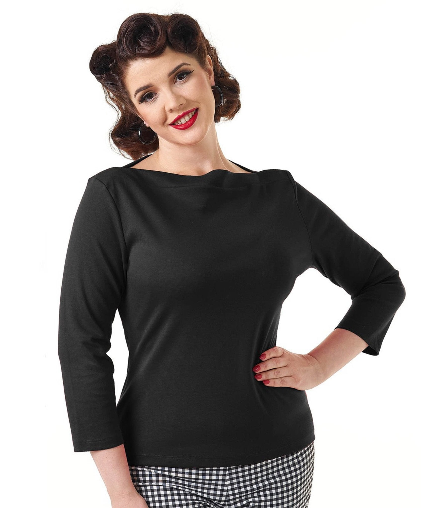 Pretty Retro Black Bardot Top - Unique Vintage - Womens, TOPS, WOVEN TOPS