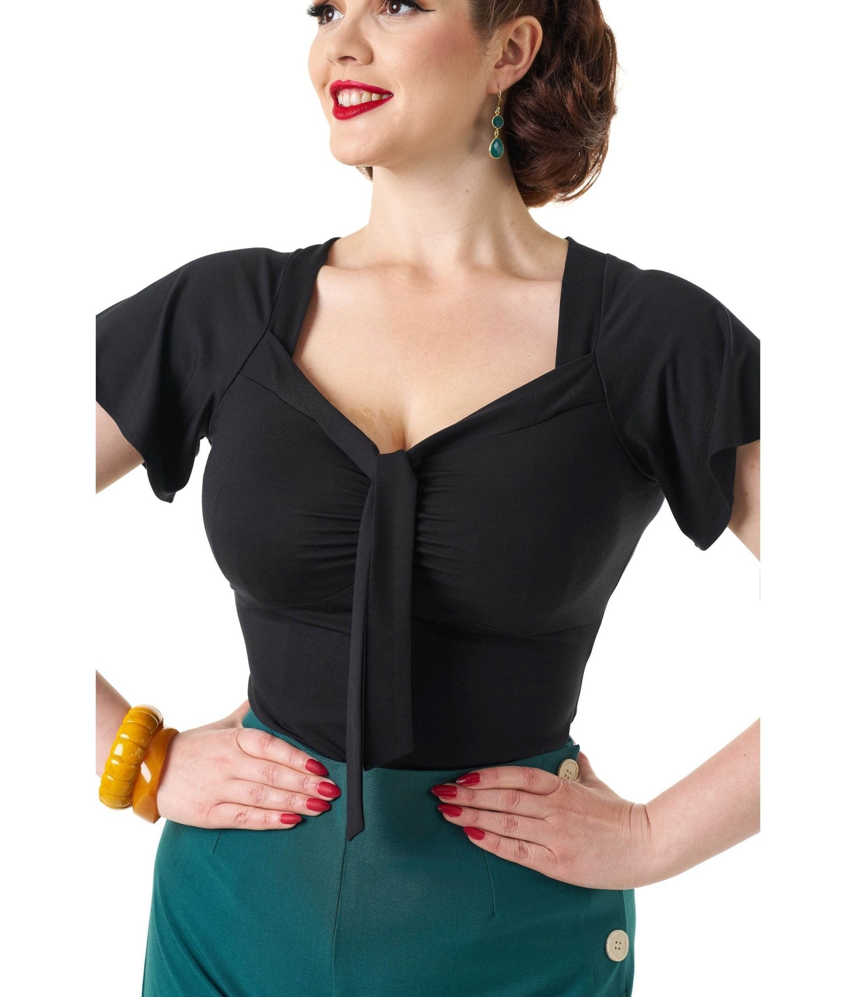 Pretty Retro Black Pretty Self Tie Top - Unique Vintage - Womens, TOPS, WOVEN TOPS