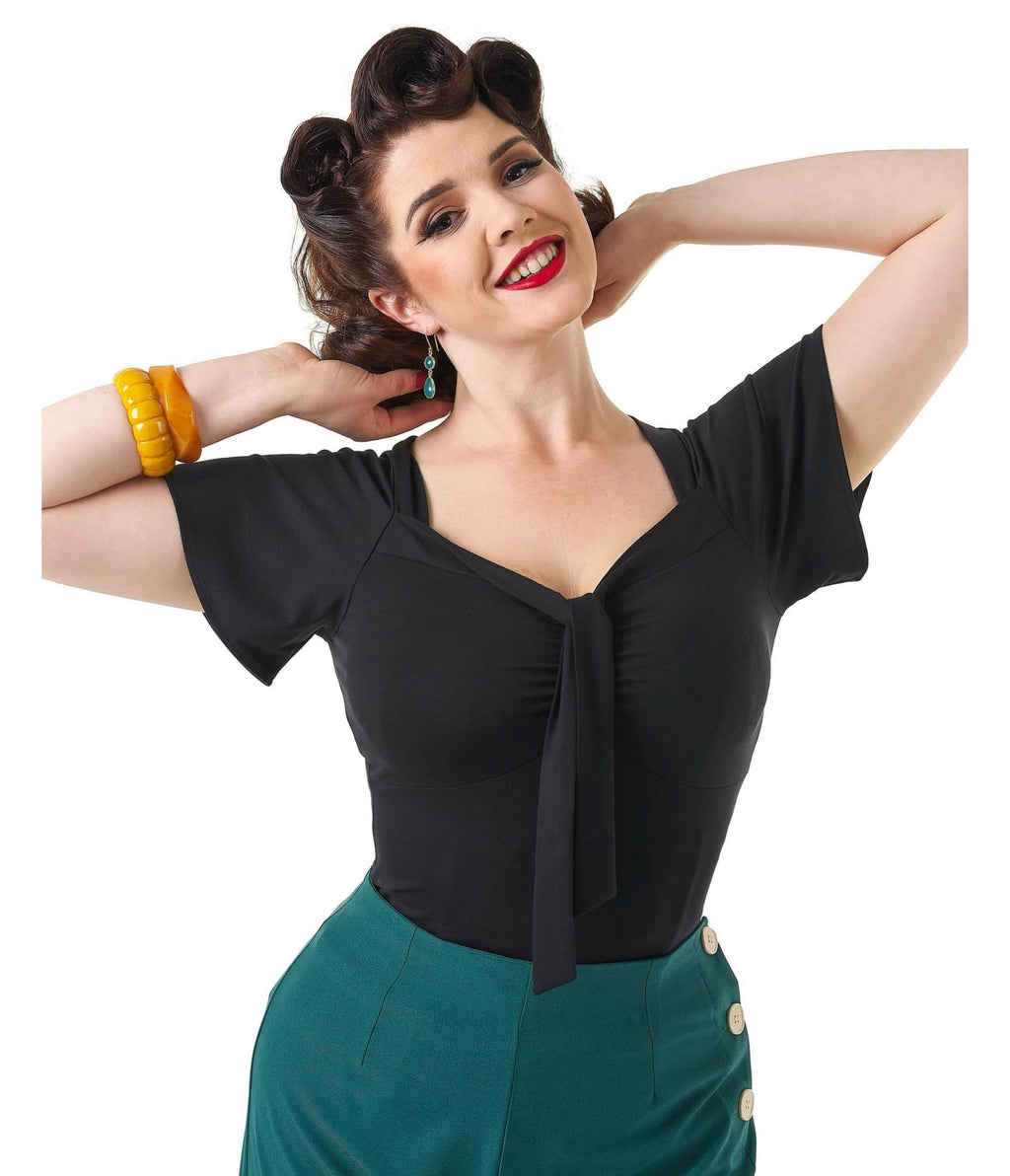 Pretty Retro Black Pretty Self Tie Top - Unique Vintage - Womens, TOPS, WOVEN TOPS