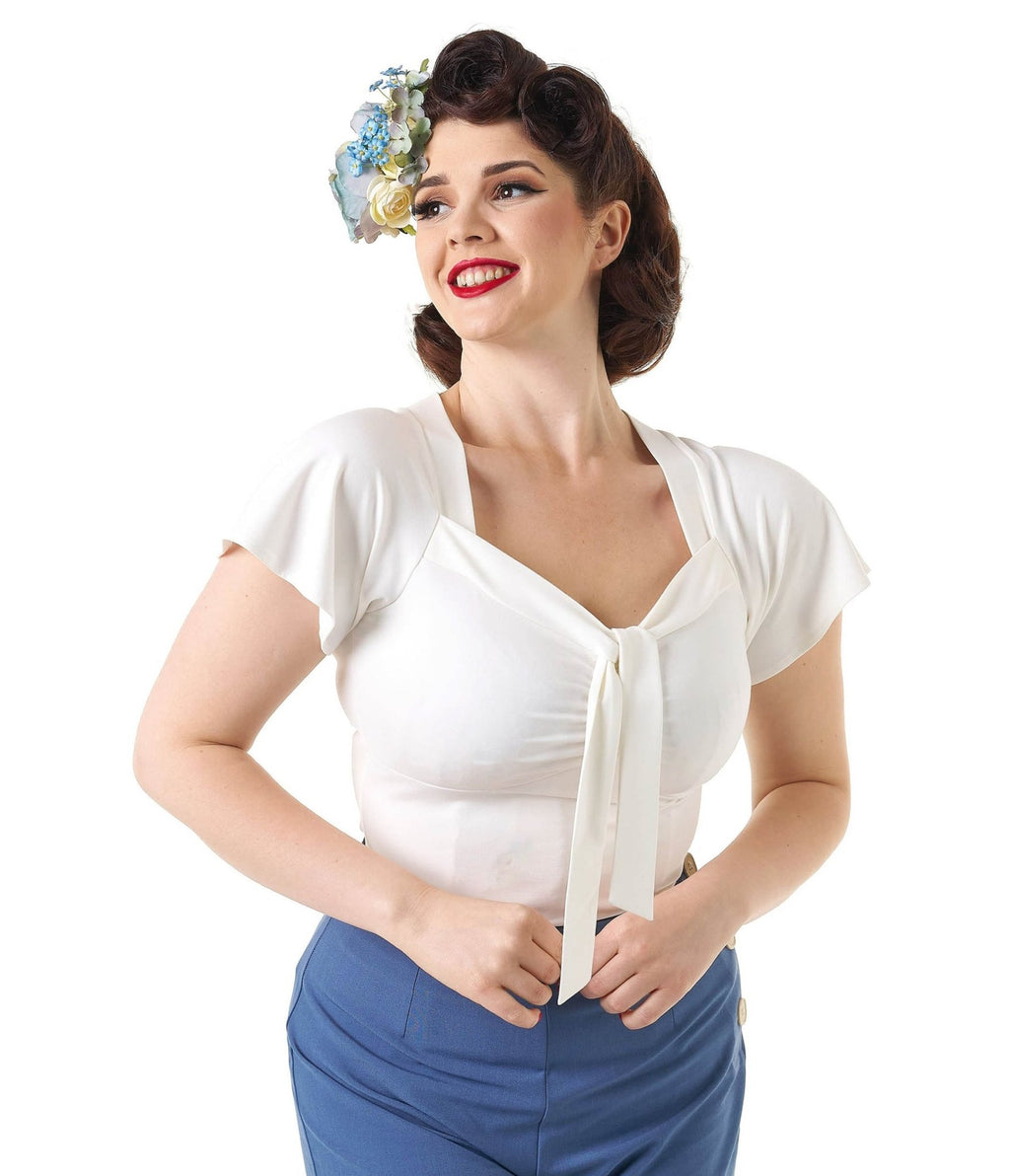 Pretty Retro Ivory Pretty Self Tie Top - Unique Vintage - Womens, TOPS, WOVEN TOPS